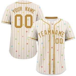 Custom Cream Old Gold Stripe Fashion Personalized Star Pattern Authentic Baseball Jersey