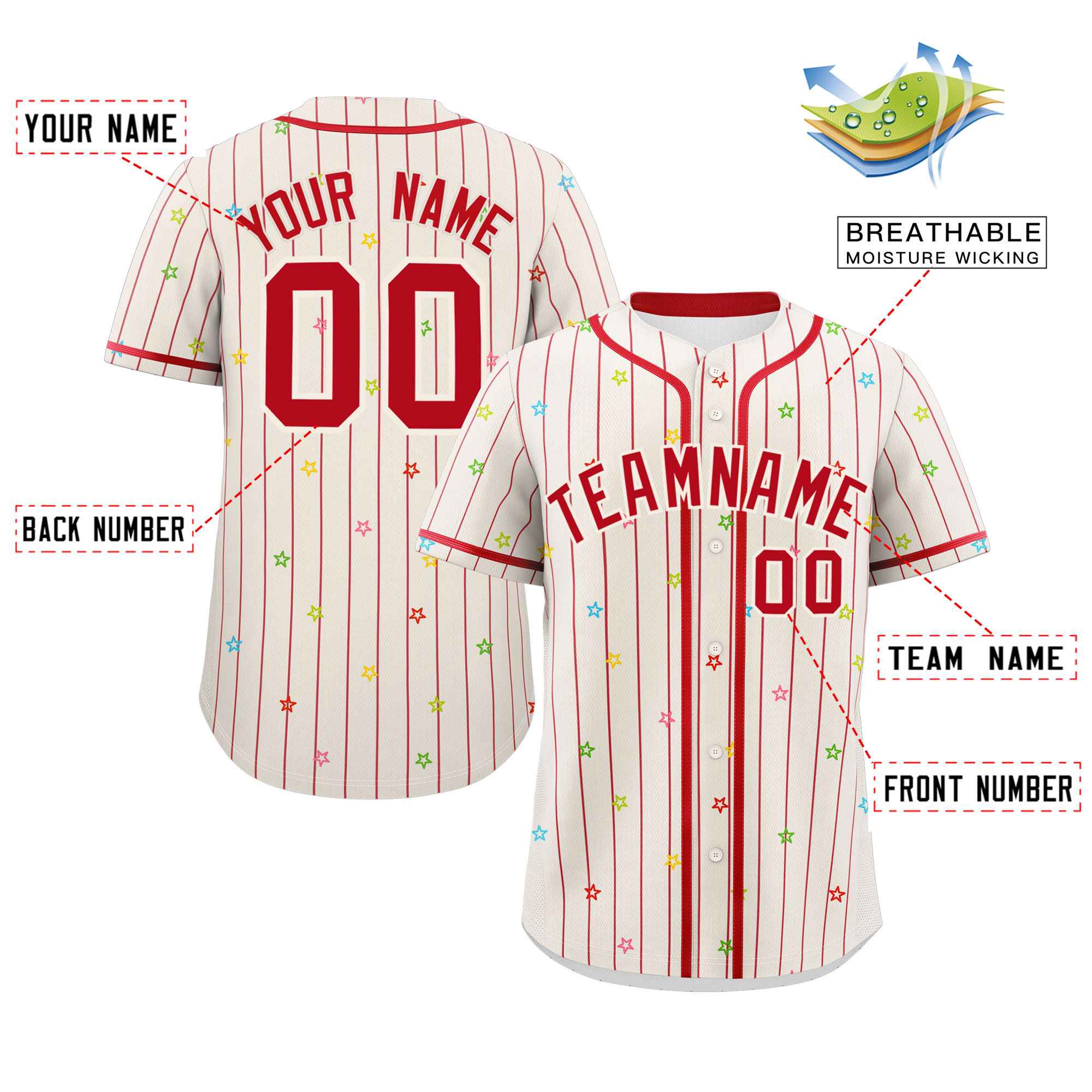 Custom Cream Red Stripe Fashion Personalized Star Pattern Authentic Baseball Jersey