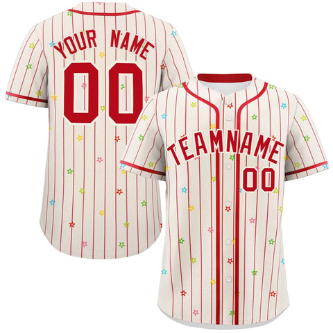 Custom Cream Red Stripe Fashion Personalized Star Pattern Authentic Baseball Jersey