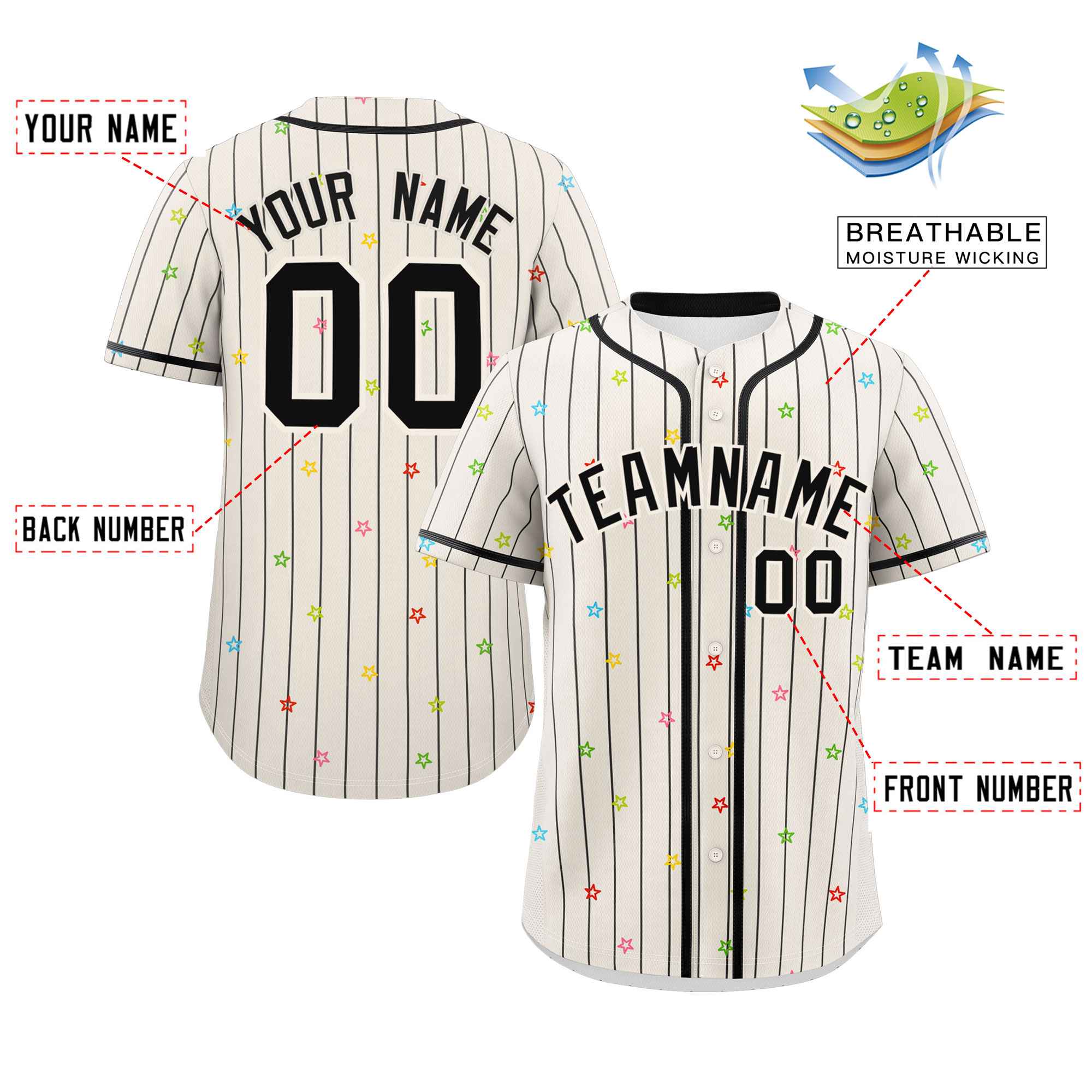 Custom Cream Black Stripe Fashion Personalized Star Pattern Authentic Baseball Jersey