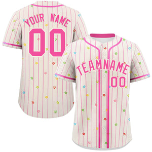 Custom Cream Pink Stripe Fashion Personalized Star Pattern Authentic Baseball Jersey
