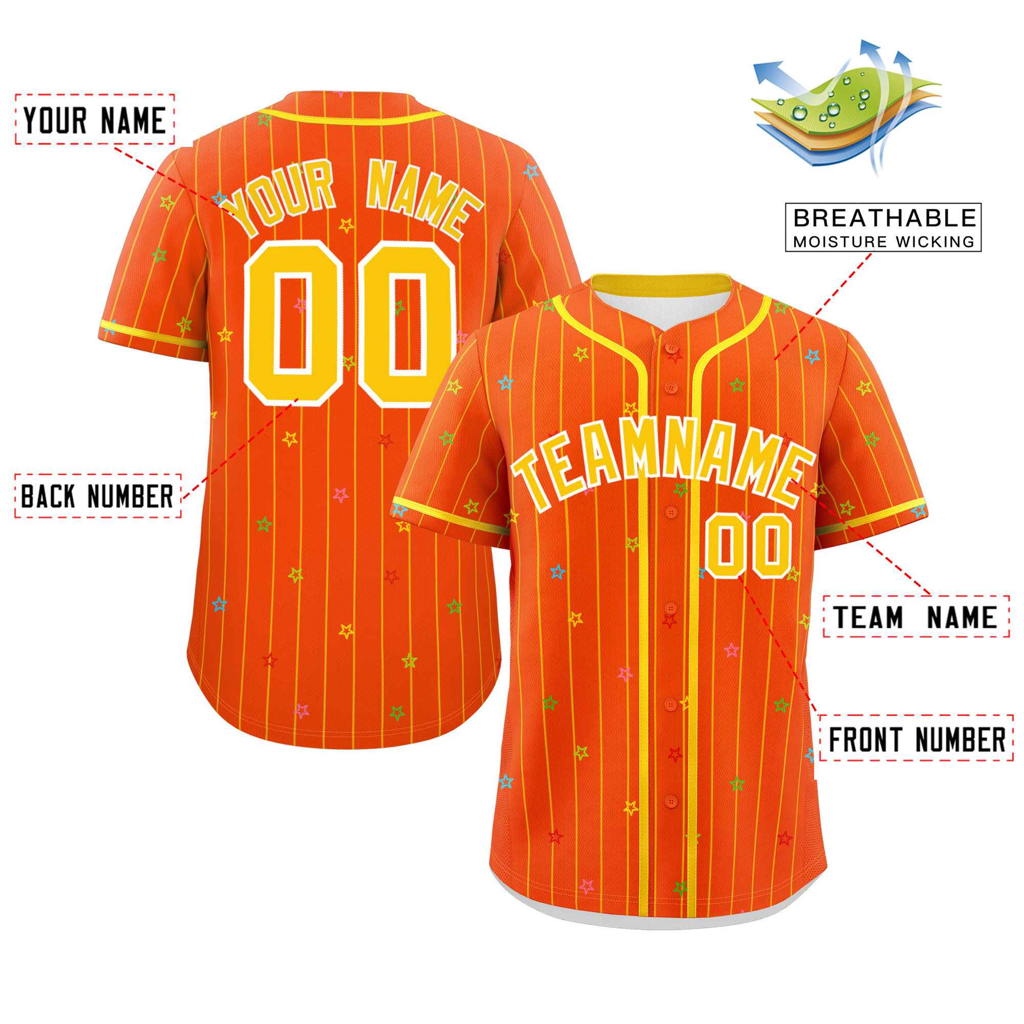 Custom Orange Gold Stripe Fashion Personalized Star Pattern Authentic Baseball Jersey