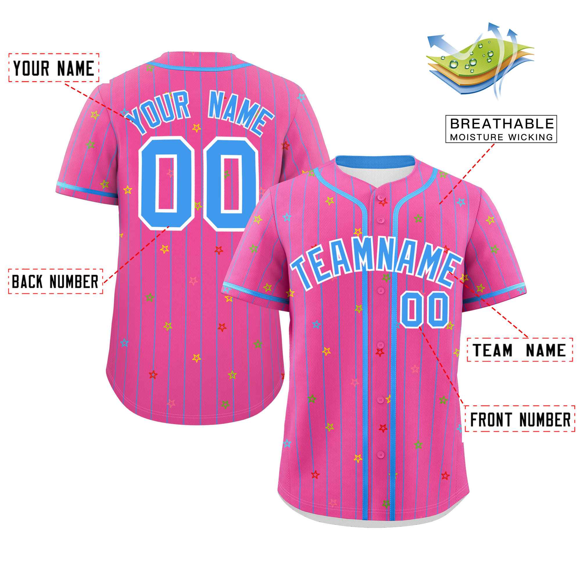 Custom Pink Powder Blue Stripe Fashion Personalized Star Pattern Authentic Baseball Jersey