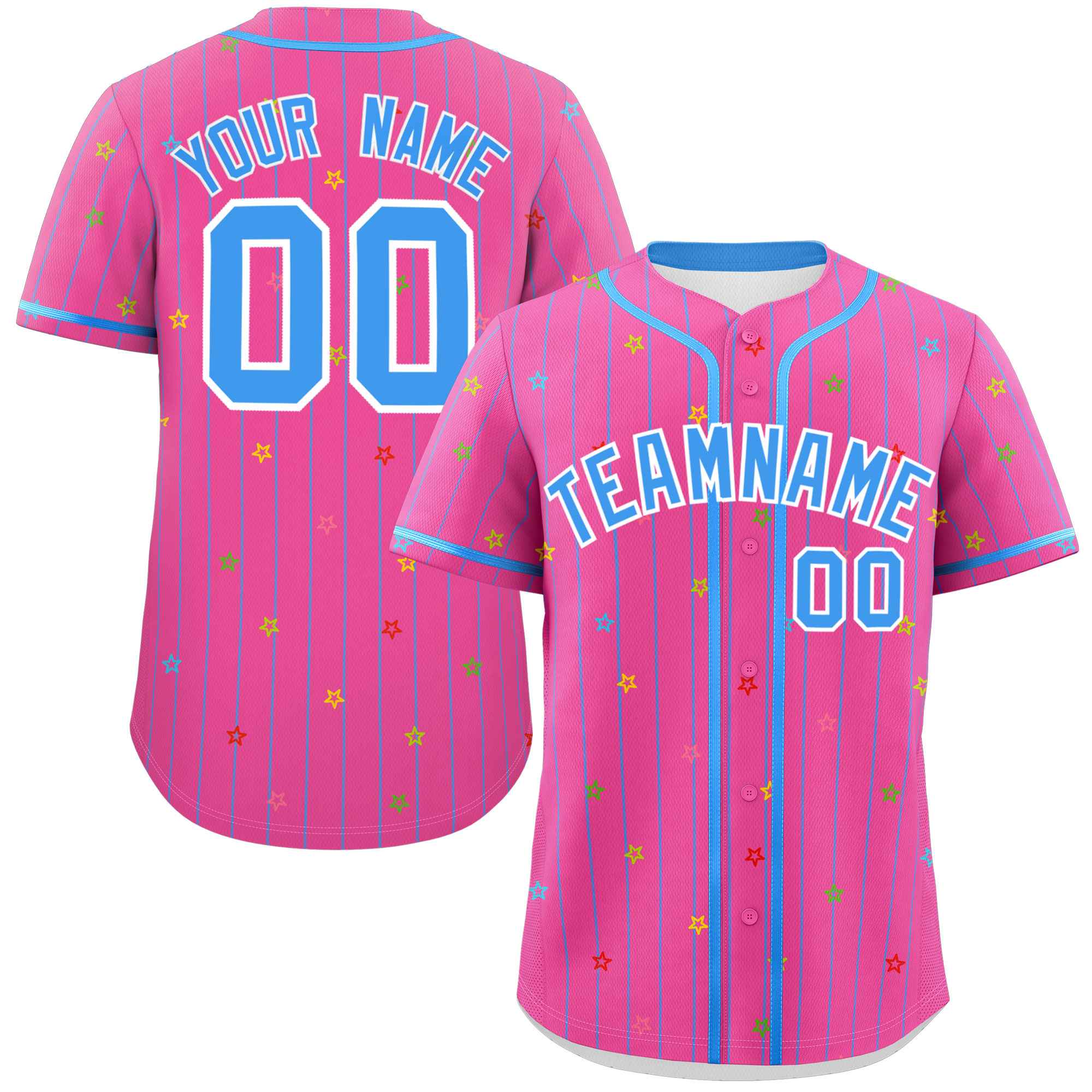 Custom Pink Powder Blue Stripe Fashion Personalized Star Pattern Authentic Baseball Jersey