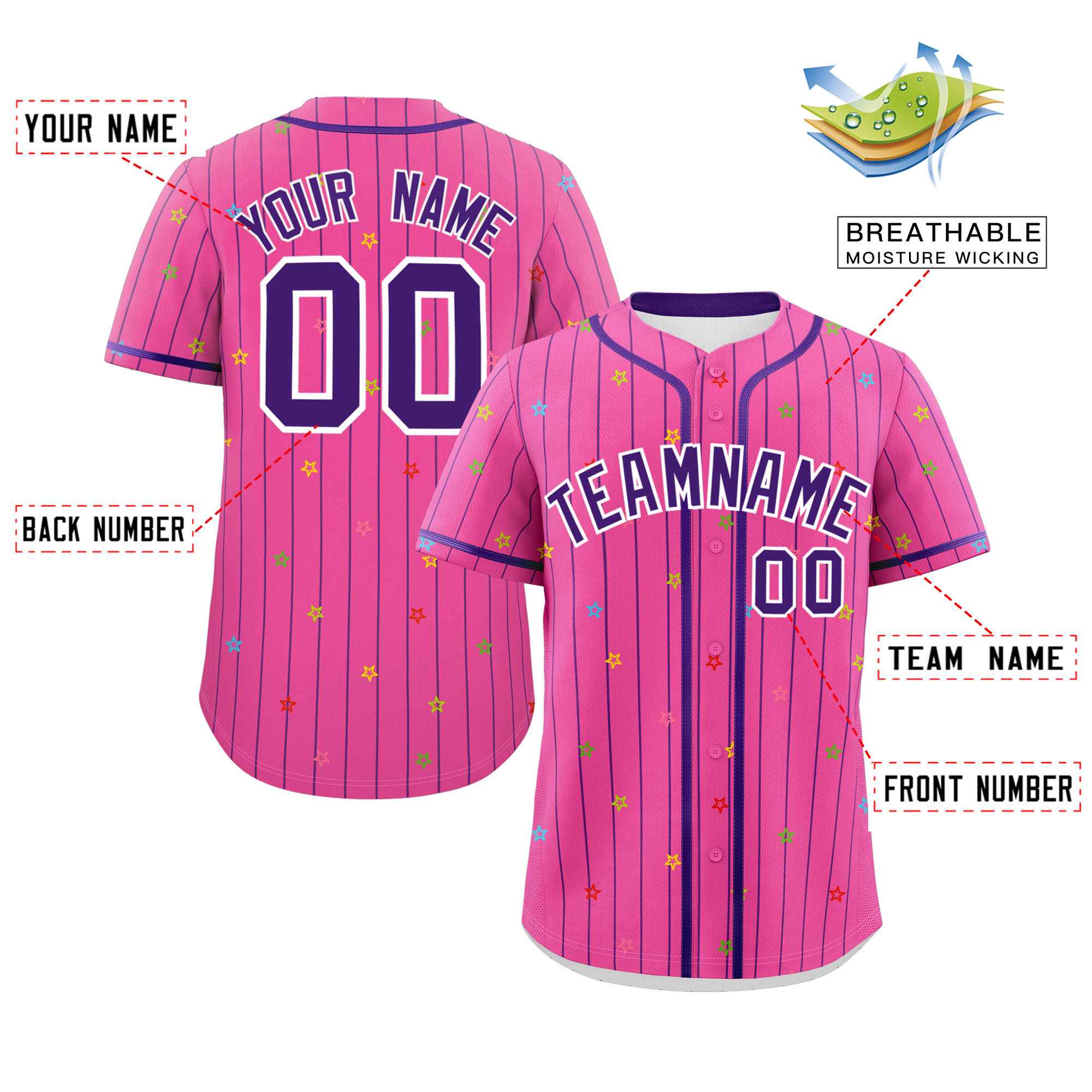 Custom Pink Purple Stripe Fashion Personalized Star Pattern Authentic Baseball Jersey