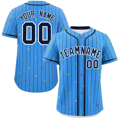 Custom Powder Blue Navy Stripe Fashion Personalized Star Pattern Authentic Baseball Jersey