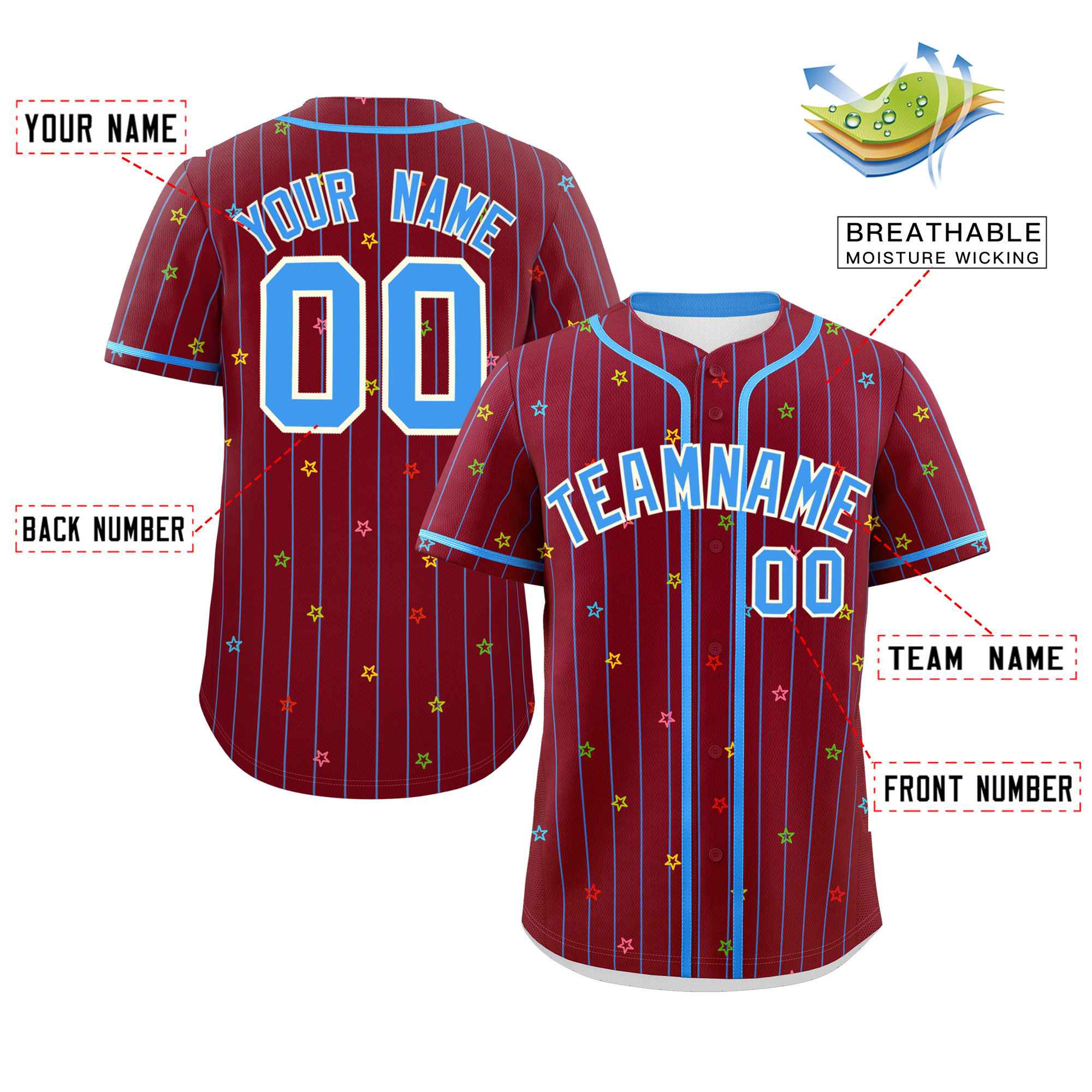 Custom Crimson Powder Blue Stripe Fashion Personalized Star Pattern Authentic Baseball Jersey