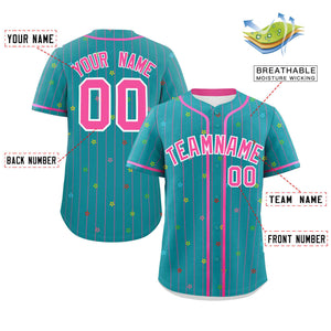 Custom Aqua Pink Stripe Fashion Personalized Star Pattern Authentic Baseball Jersey