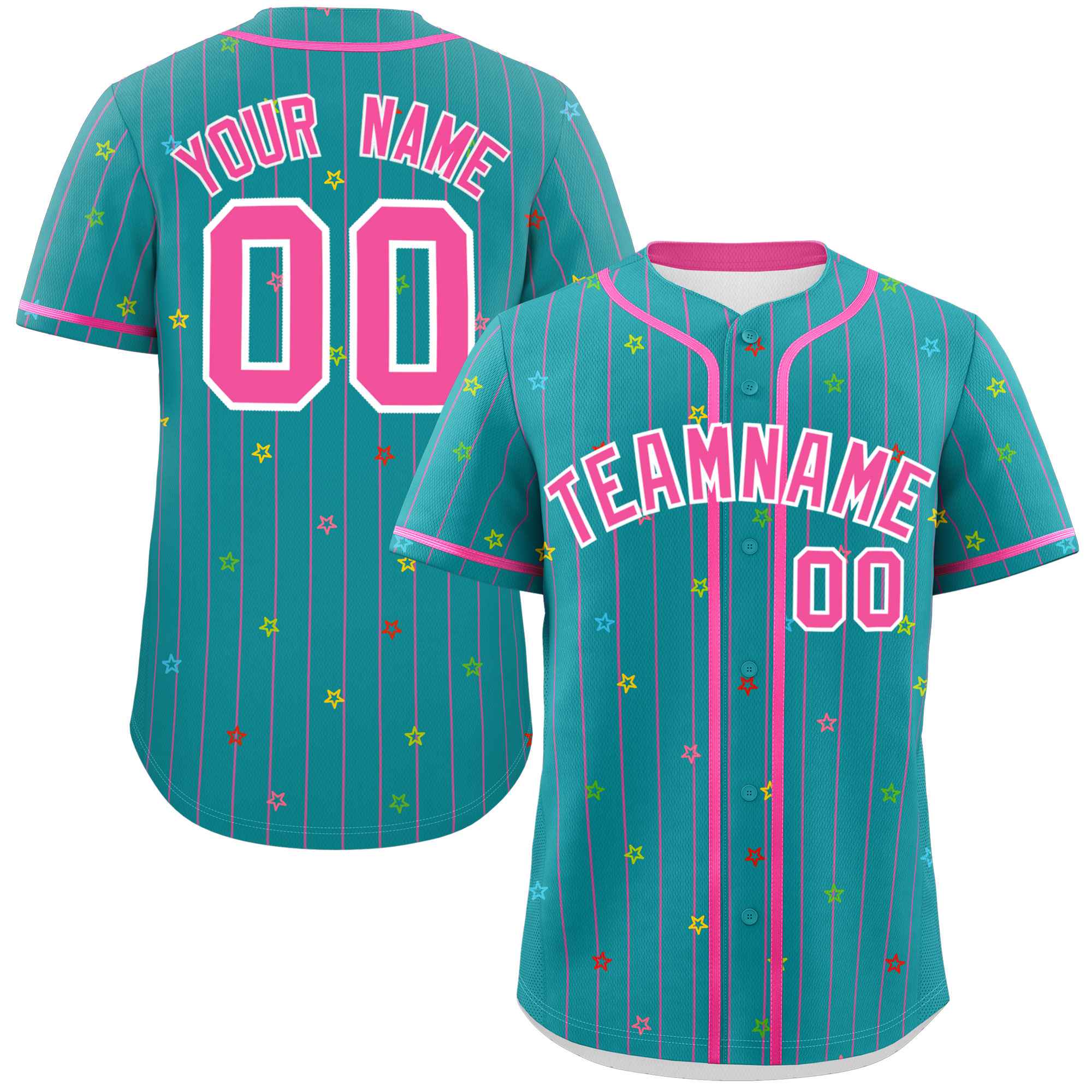 Custom Aqua Pink Stripe Fashion Personalized Star Pattern Authentic Baseball Jersey