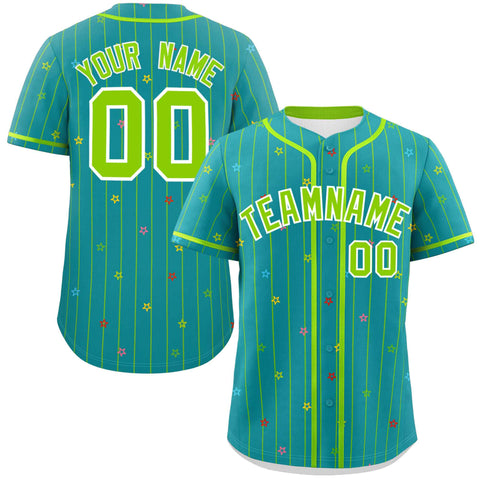 Custom Aqua Neon Green Stripe Fashion Personalized Star Pattern Authentic Baseball Jersey