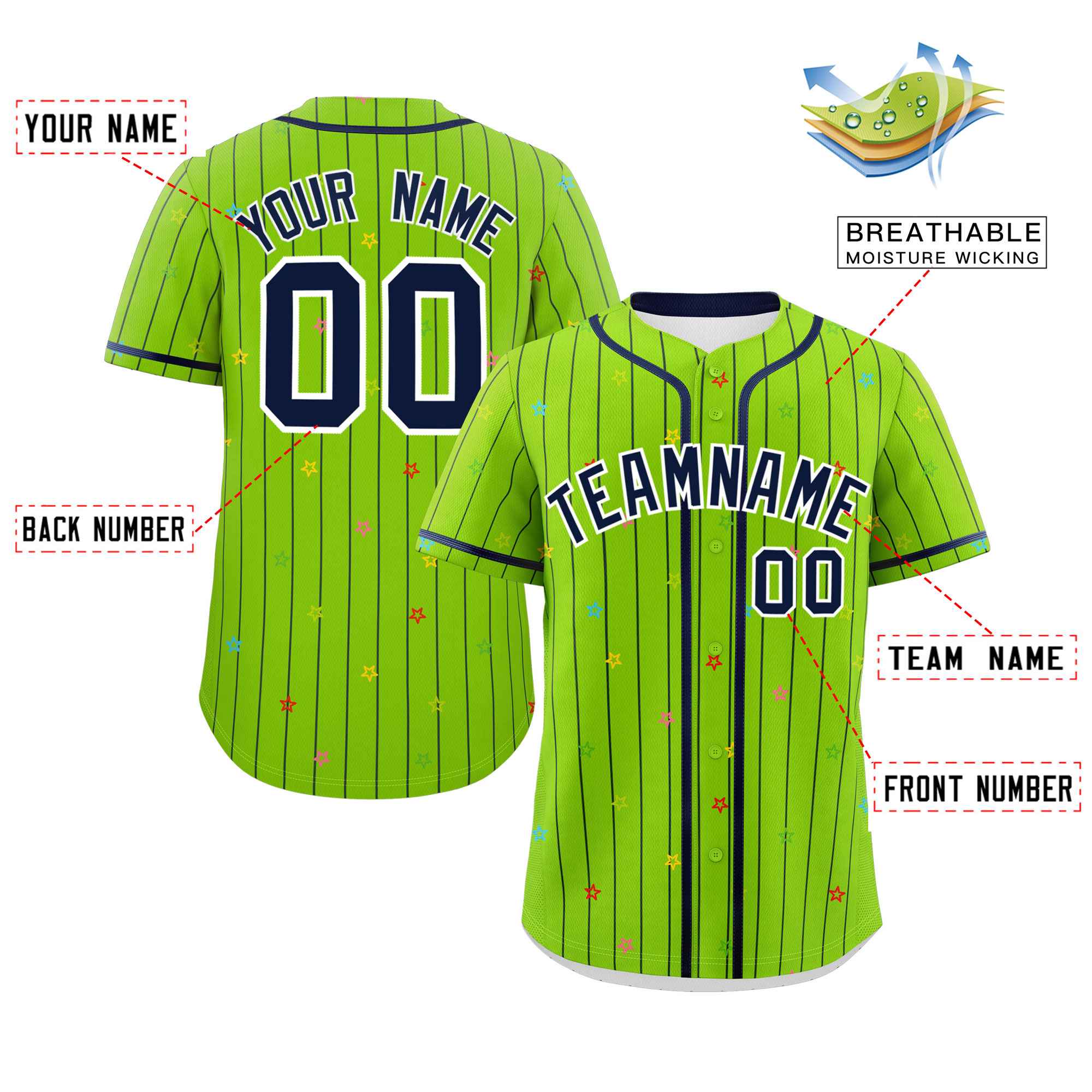 Custom Neon Green Navy Stripe Fashion Personalized Star Pattern Authentic Baseball Jersey