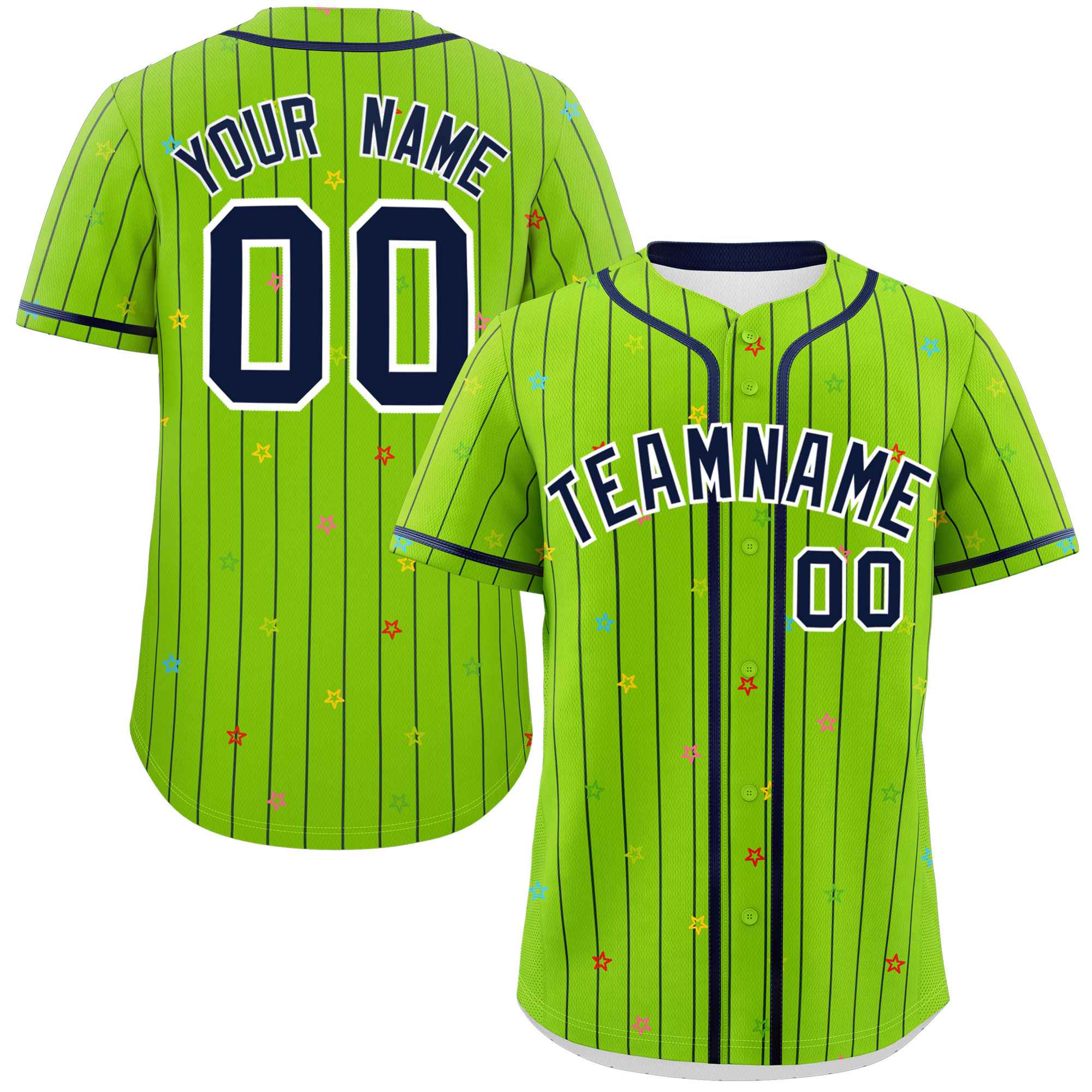 Custom Neon Green Navy Stripe Fashion Personalized Star Pattern Authentic Baseball Jersey