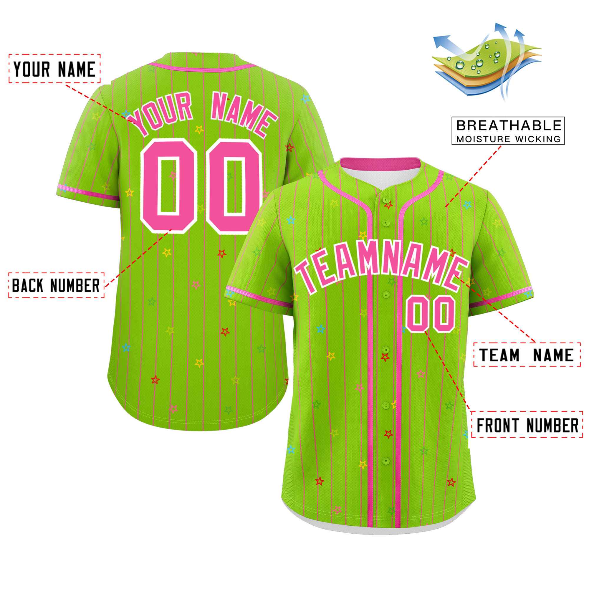 Custom Neon Green Pink Stripe Fashion Personalized Star Pattern Authentic Baseball Jersey