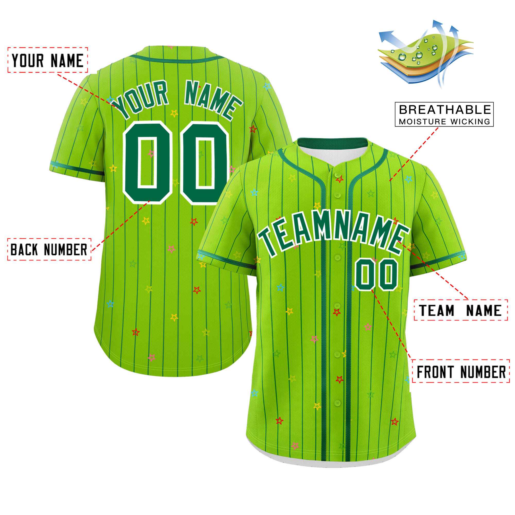 Custom Neon Green Kelly Green Stripe Fashion Personalized Star Pattern Authentic Baseball Jersey