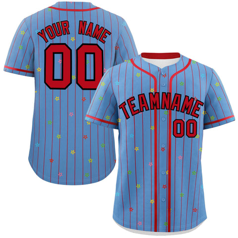 Custom Light Blue Red Stripe Fashion Personalized Star Pattern Authentic Baseball Jersey