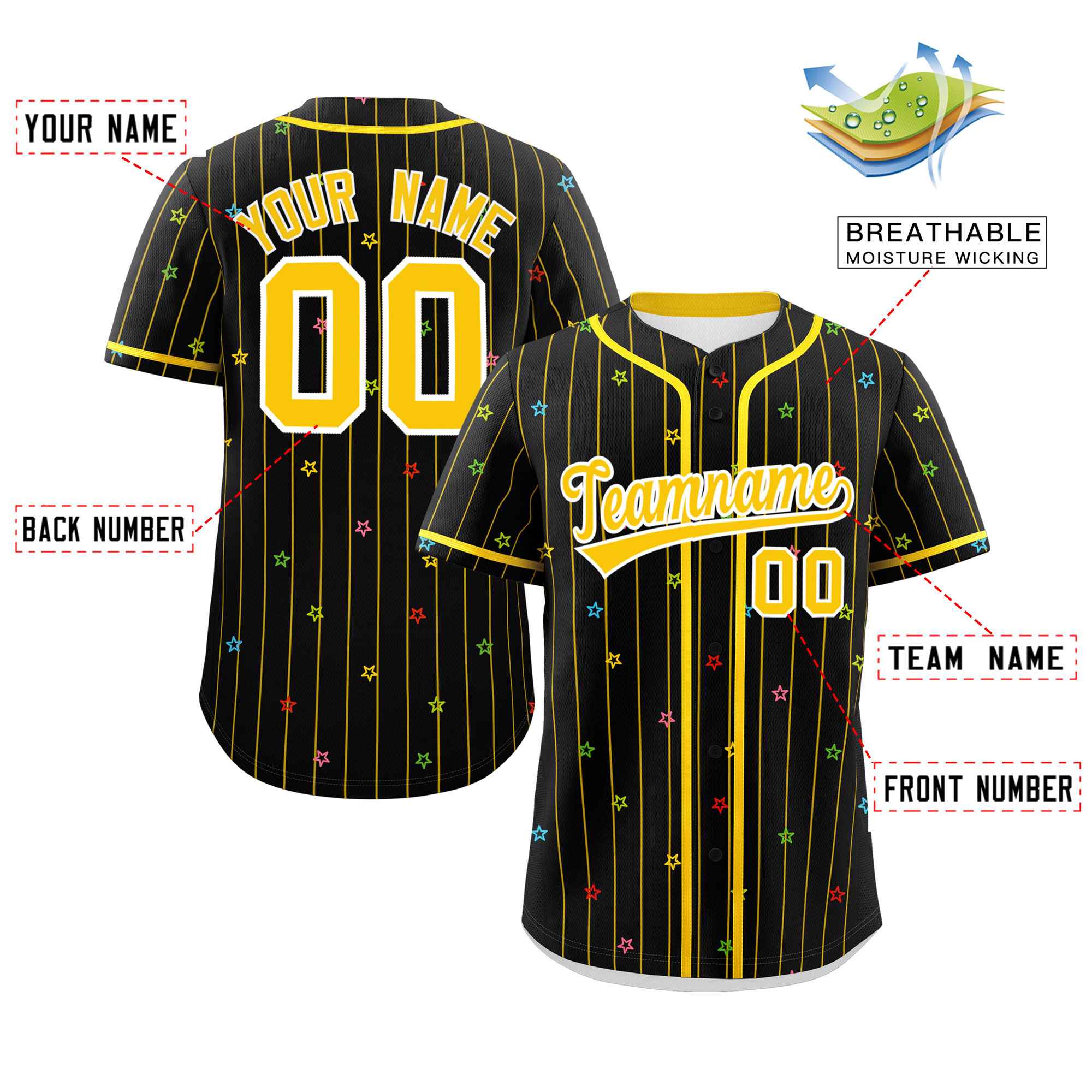 Custom Black Gold Stripe Fashion Personalized Star Pattern Authentic Baseball Jersey