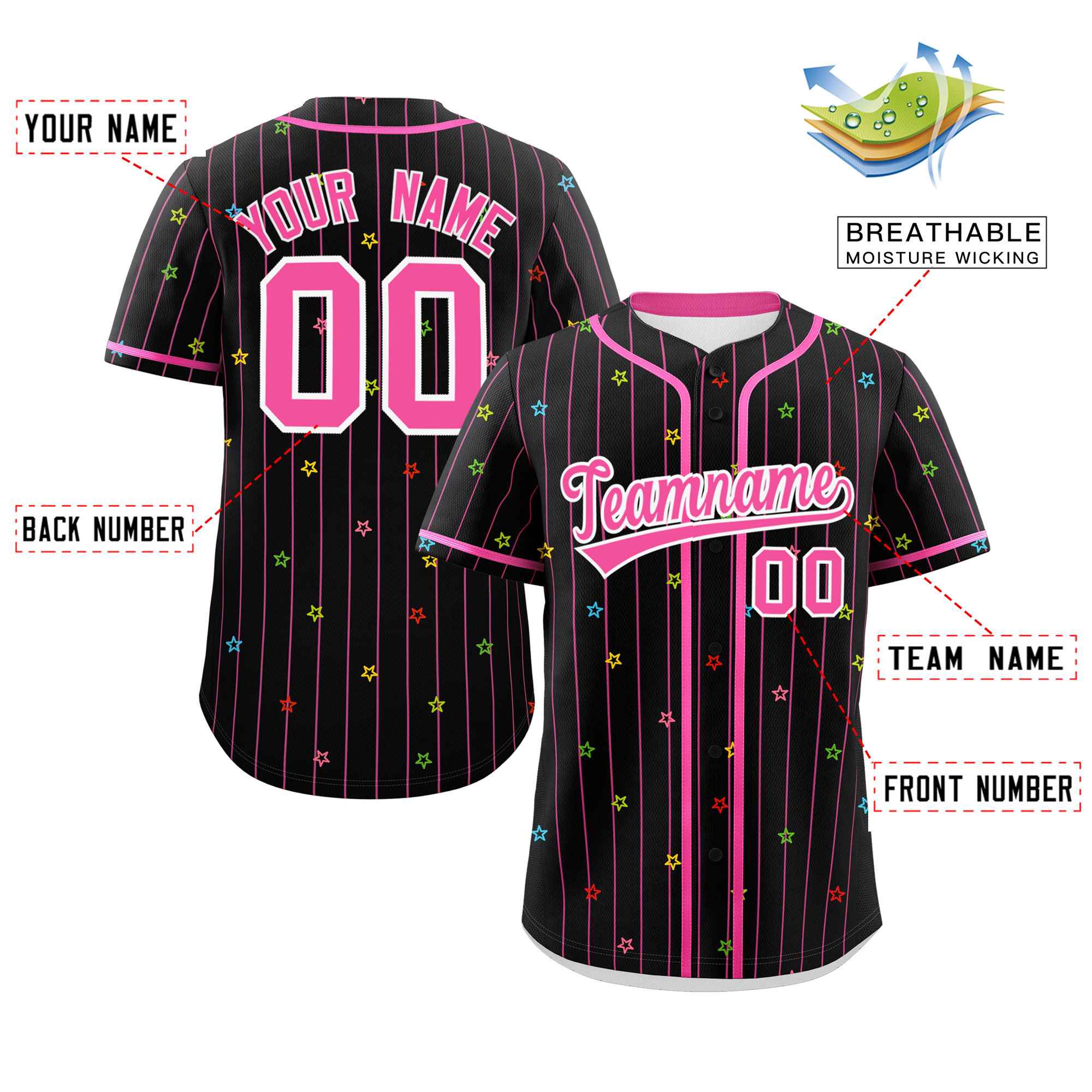 Custom Black Pink Stripe Fashion Personalized Star Pattern Authentic Baseball Jersey