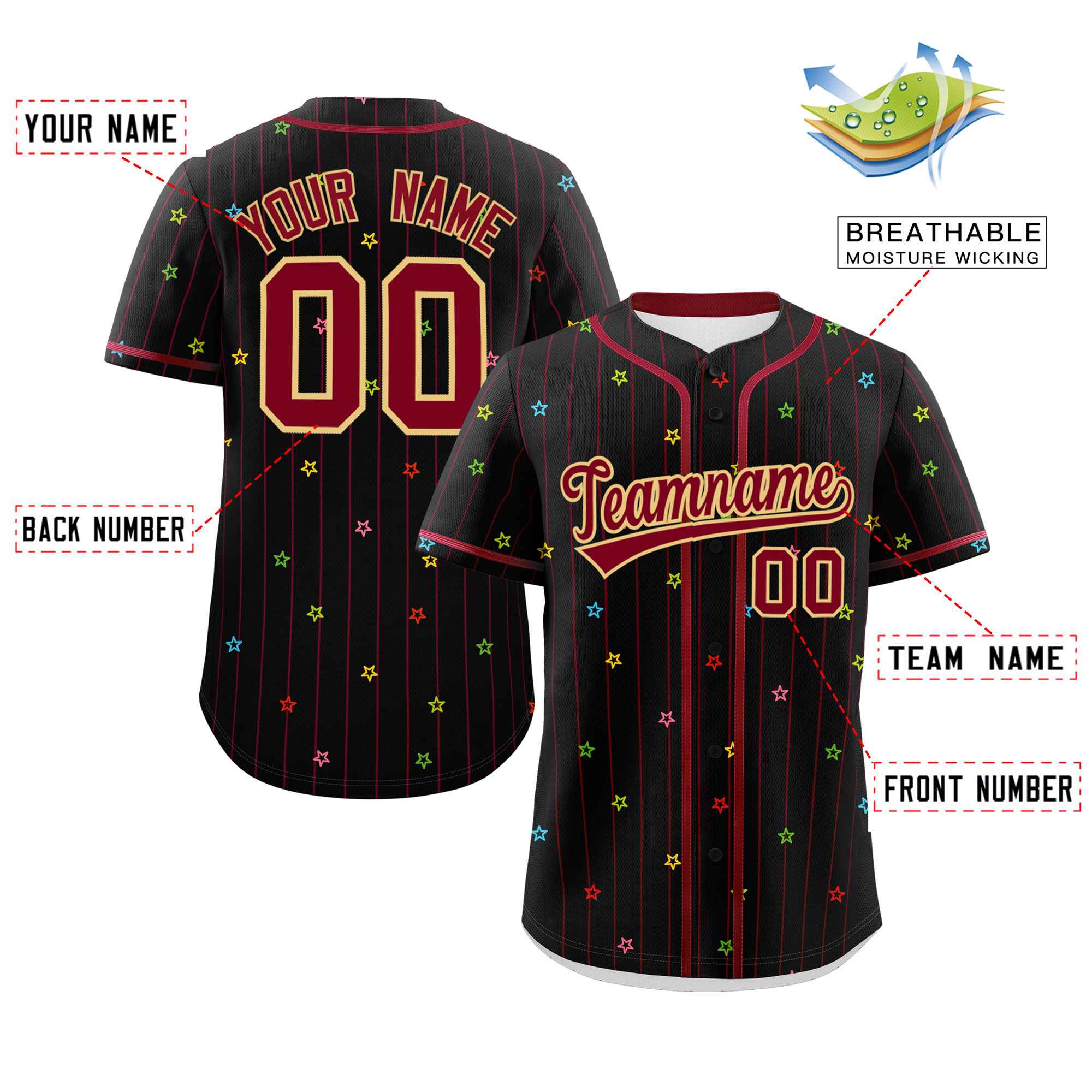 Custom Black Crimson Stripe Fashion Personalized Star Pattern Authentic Baseball Jersey