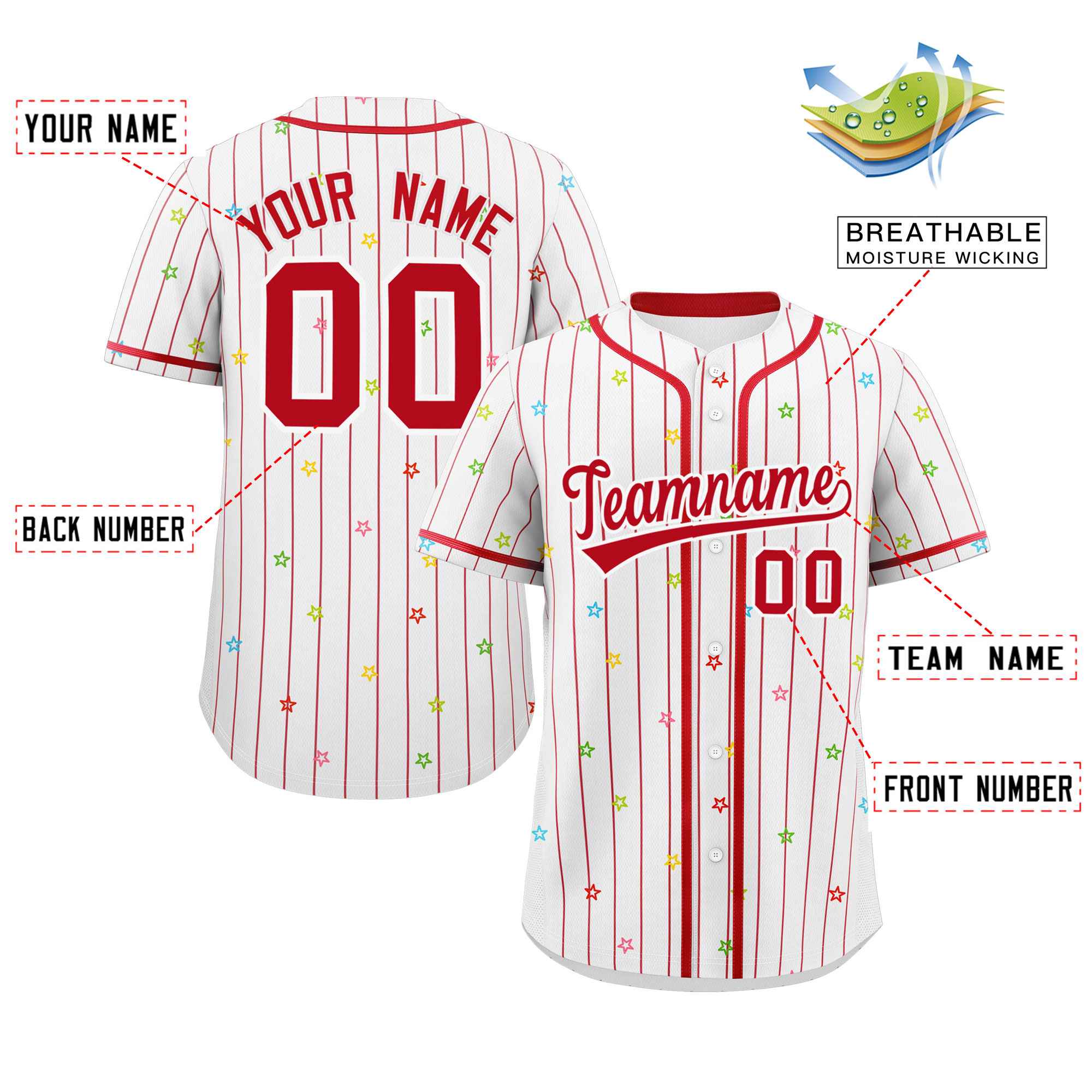 Custom White Red Stripe Fashion Personalized Star Pattern Authentic Baseball Jersey