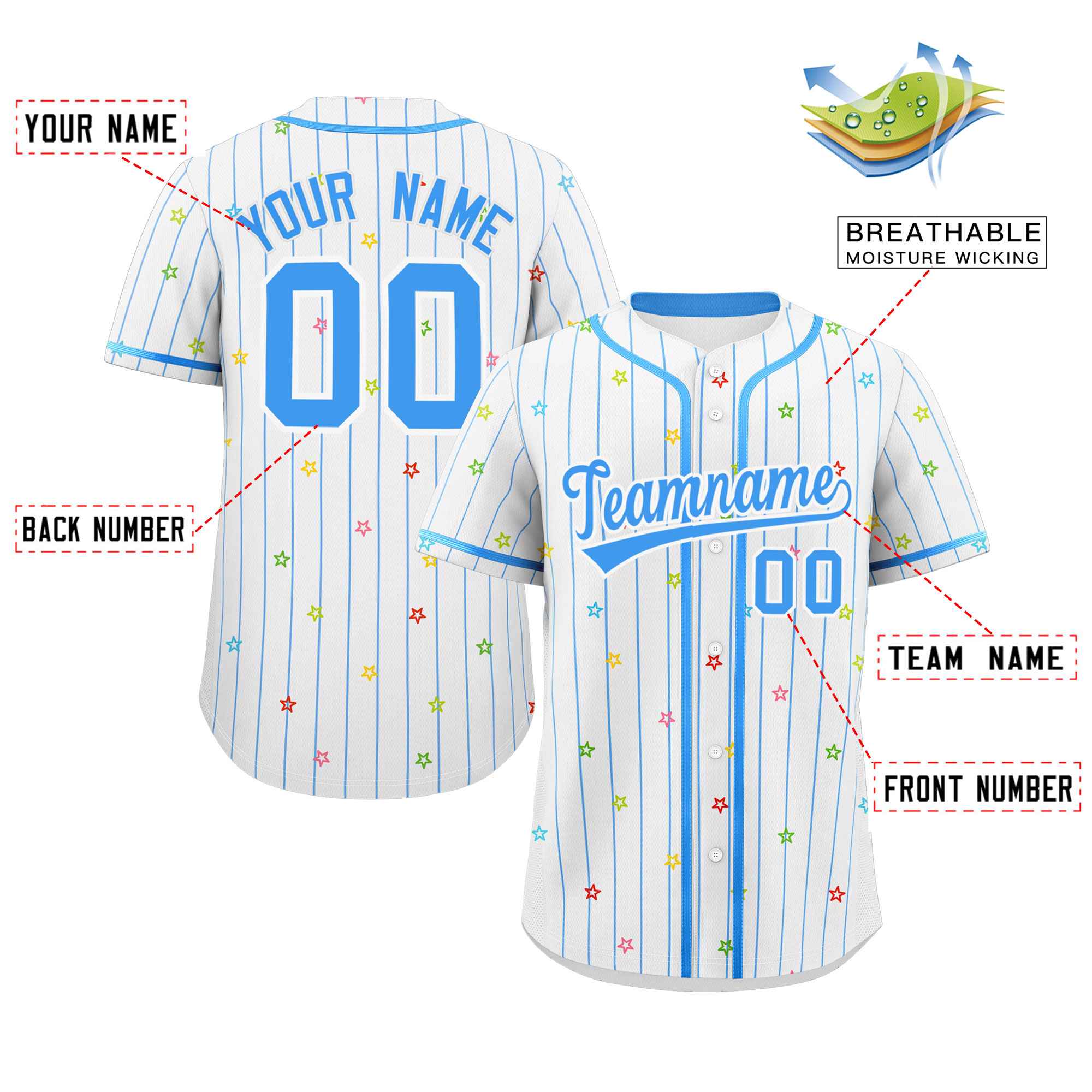 Custom White Powder Blue Stripe Fashion Personalized Star Pattern Authentic Baseball Jersey