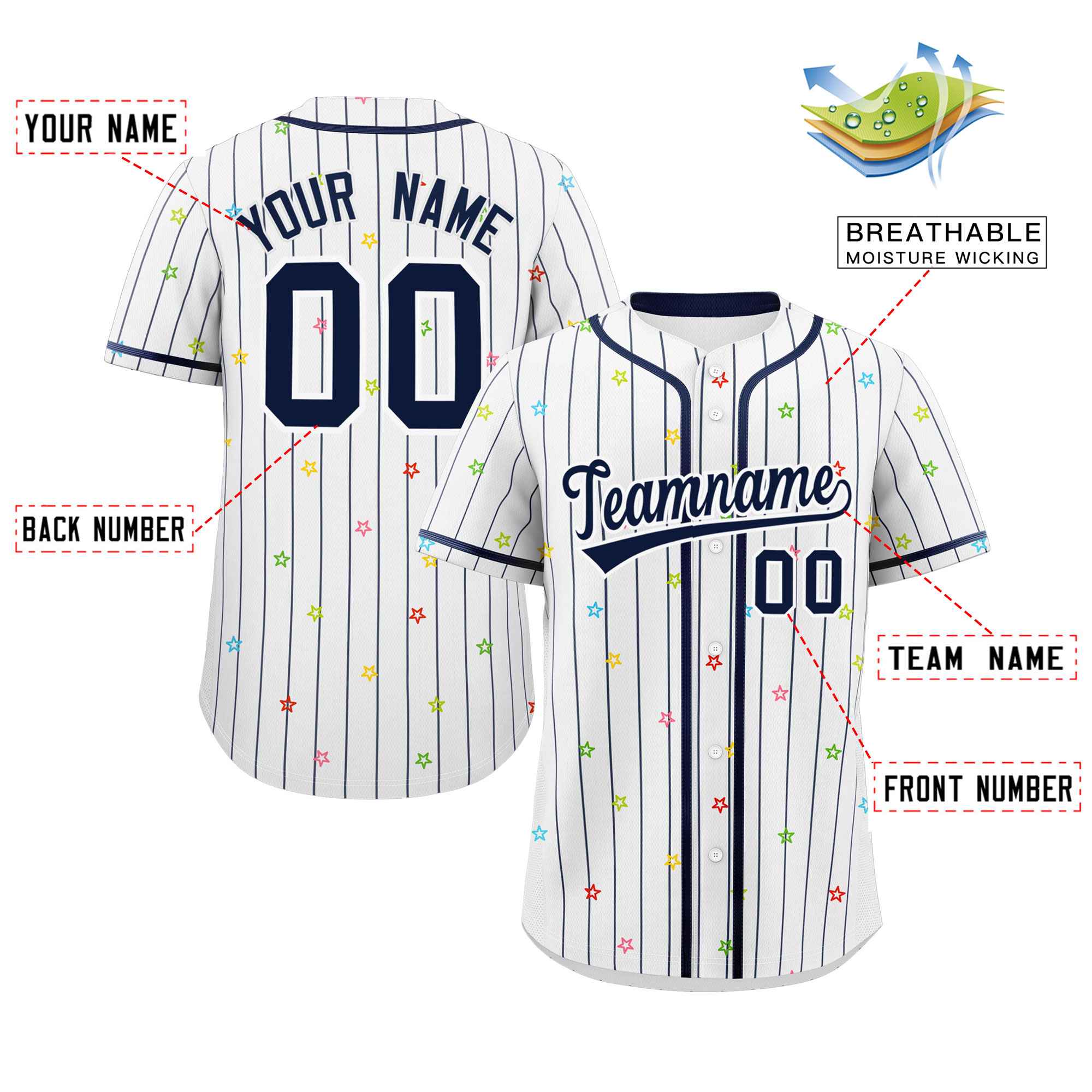 Custom White Navy Stripe Fashion Personalized Star Pattern Authentic Baseball Jersey