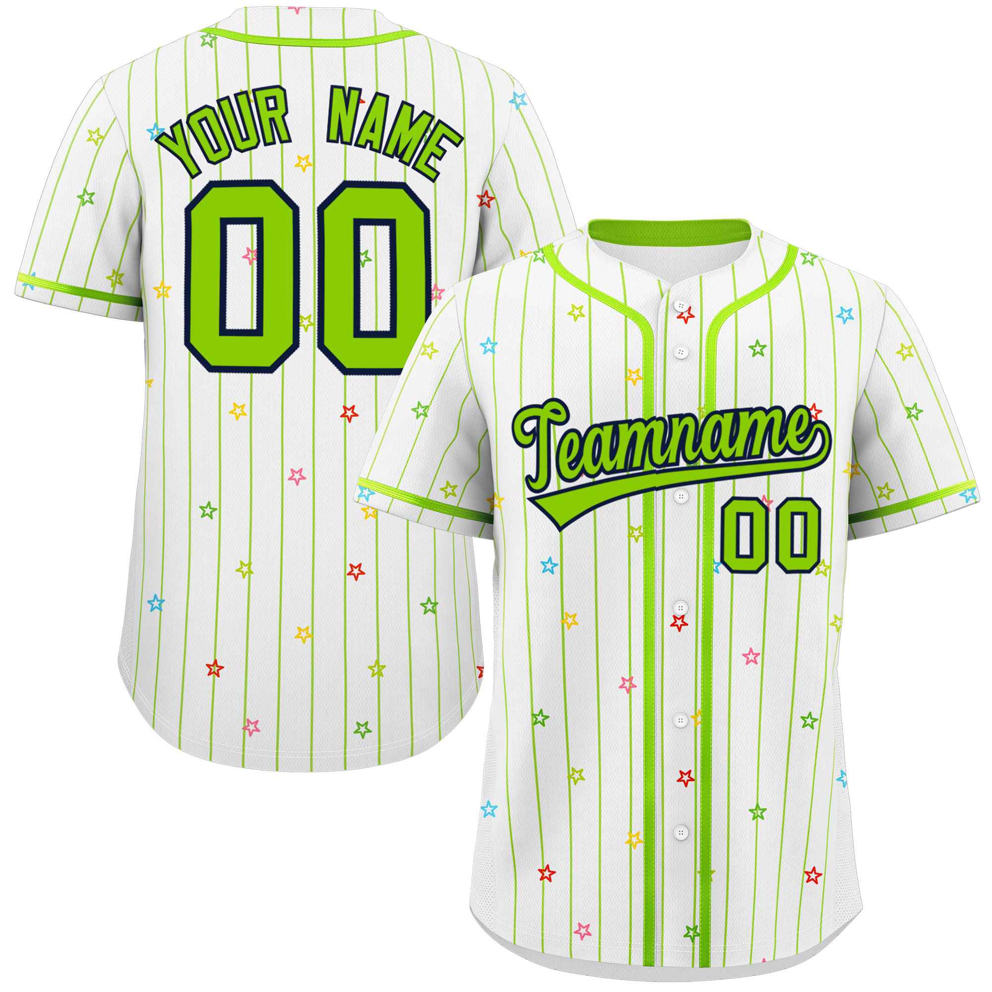 Custom White Neon Green Stripe Fashion Personalized Star Pattern Authentic Baseball Jersey