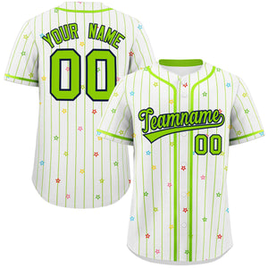 Custom White Neon Green Stripe Fashion Personalized Star Pattern Authentic Baseball Jersey