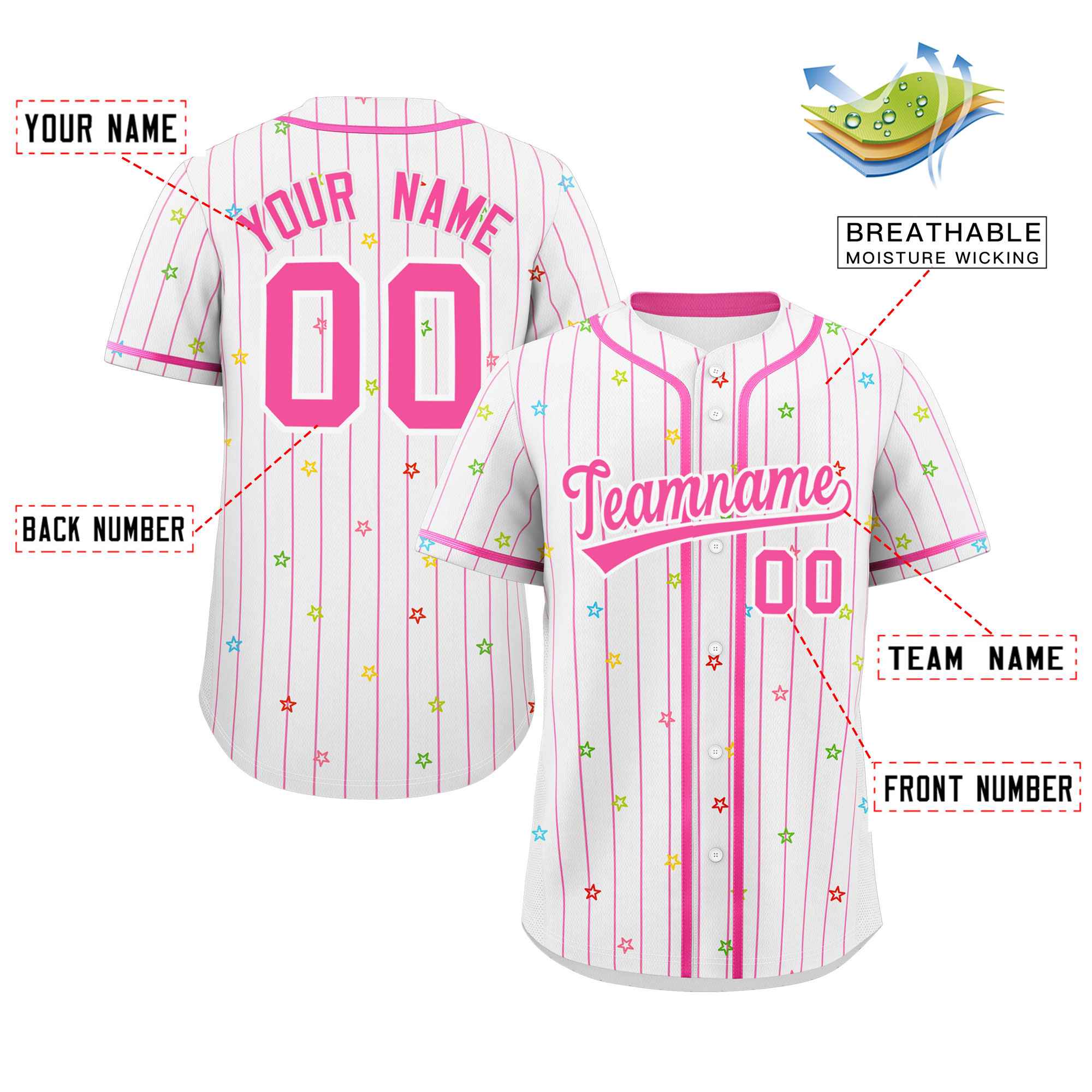 Custom White Pink Stripe Fashion Personalized Star Pattern Authentic Baseball Jersey