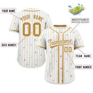 Custom White Old Gold Stripe Fashion Personalized Star Pattern Authentic Baseball Jersey