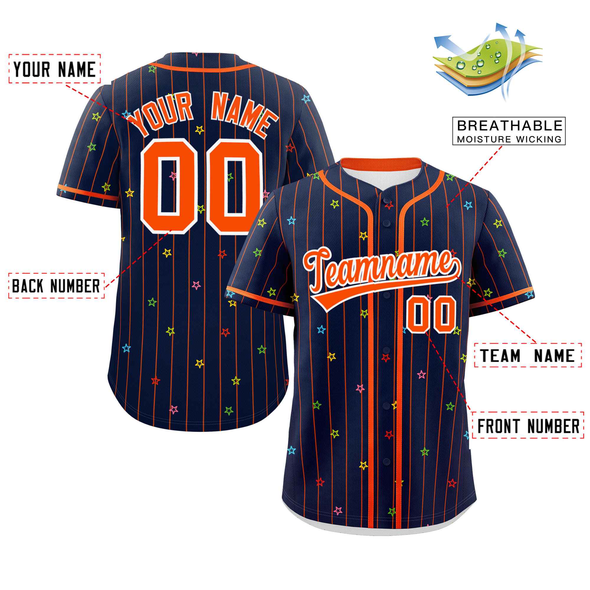 Custom Navy Orange Stripe Fashion Personalized Star Pattern Authentic Baseball Jersey