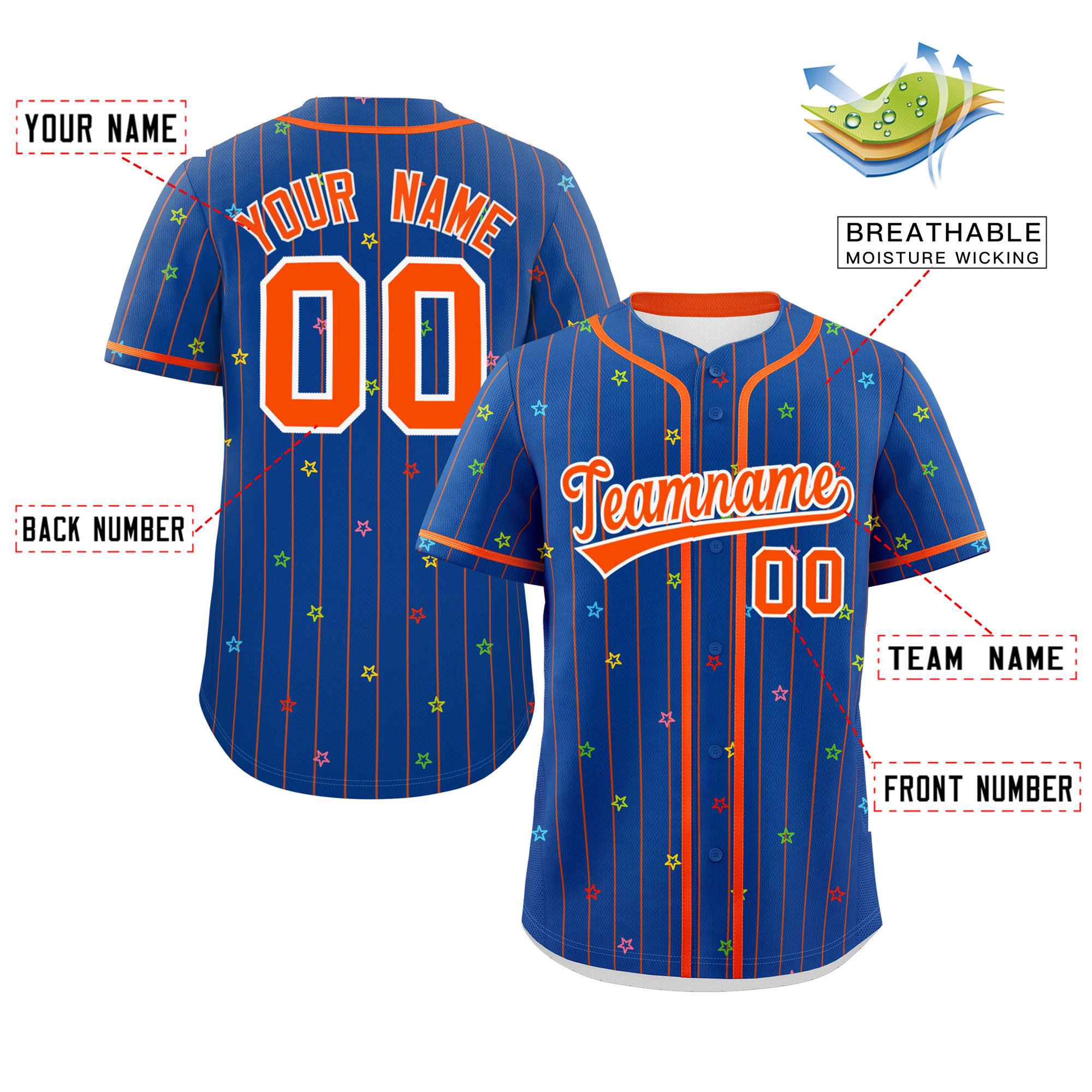 Custom Royal Orange Stripe Fashion Personalized Star Pattern Authentic Baseball Jersey