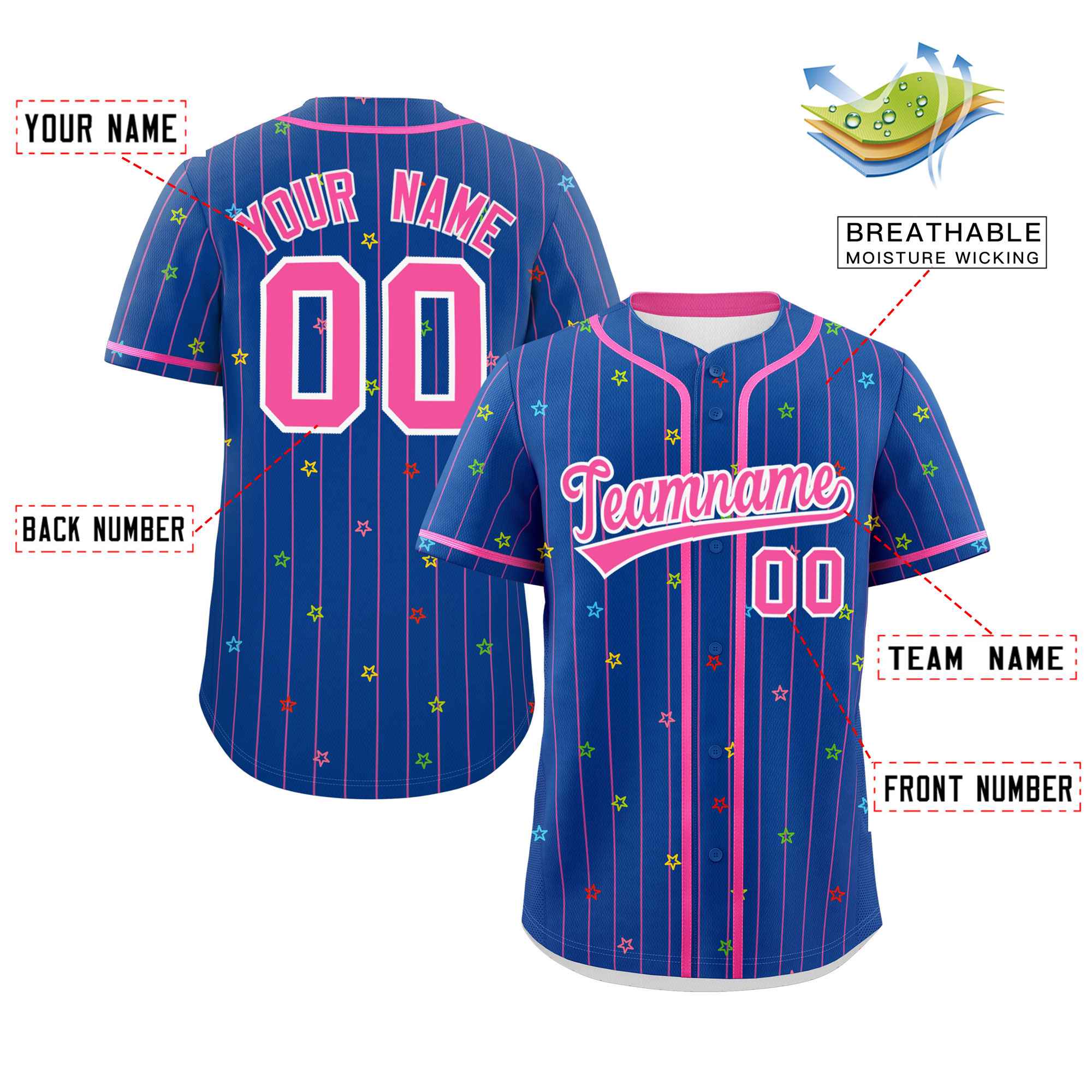 Custom Royal Pink Stripe Fashion Personalized Star Pattern Authentic Baseball Jersey