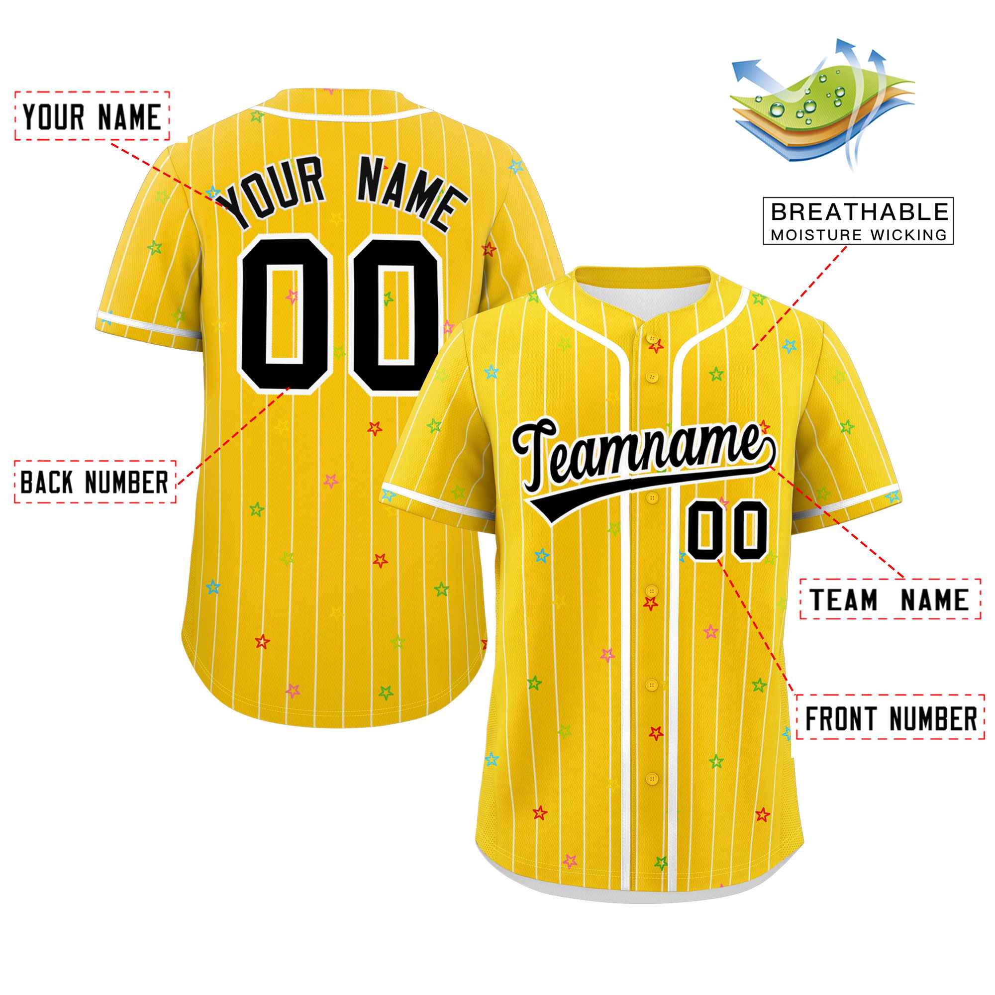 Custom Gold White Stripe Fashion Personalized Star Pattern Authentic Baseball Jersey