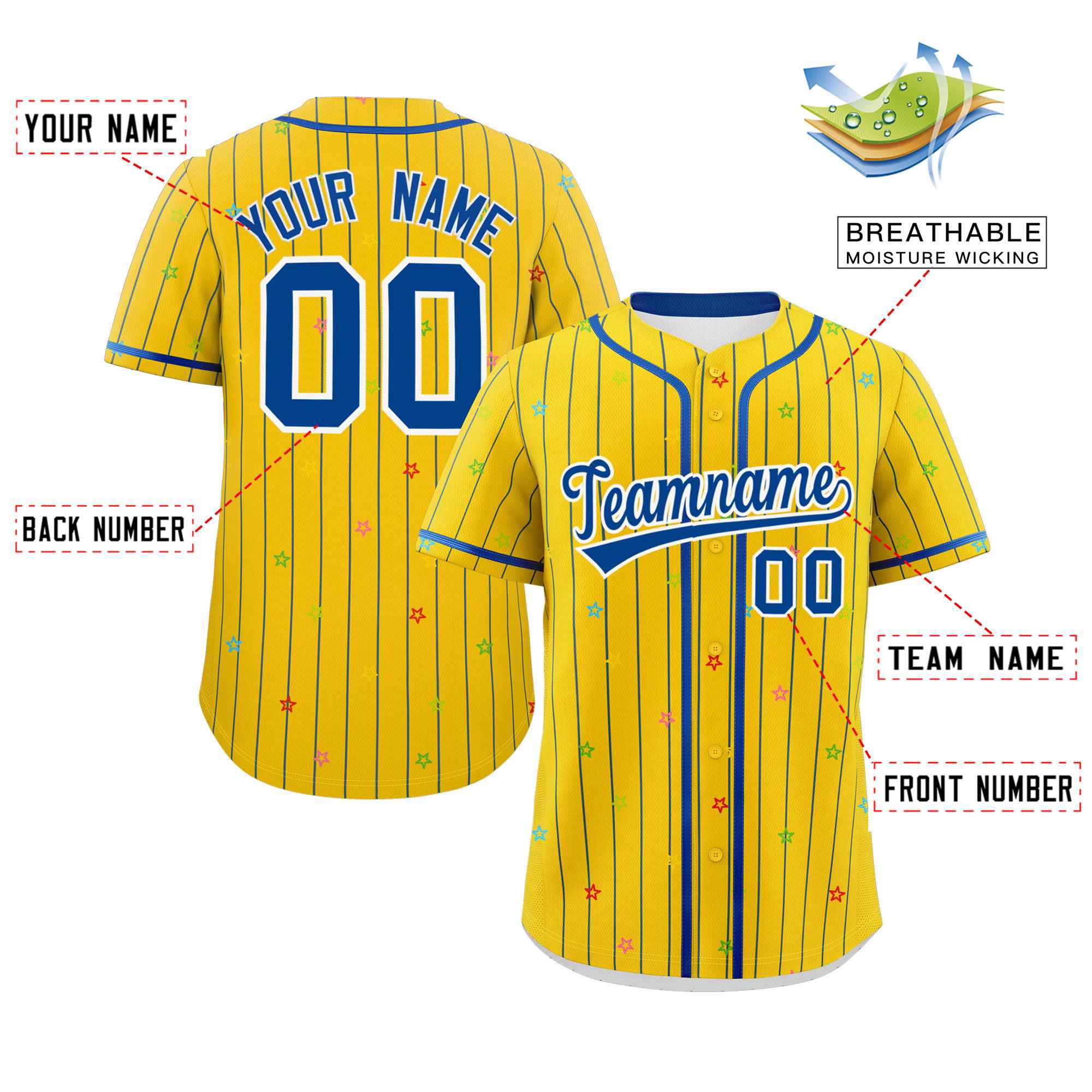 Custom Gold Royal Stripe Fashion Personalized Star Pattern Authentic Baseball Jersey