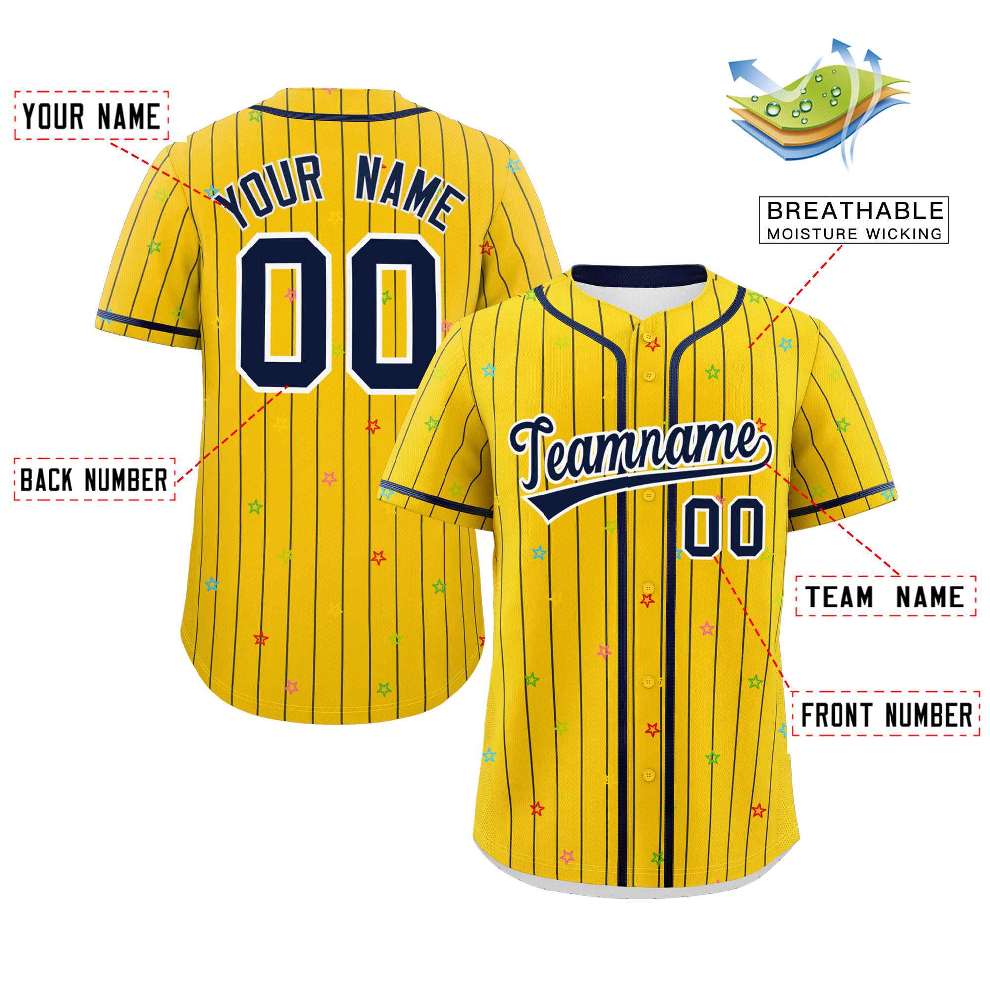 Custom Gold Navy Stripe Fashion Personalized Star Pattern Authentic Baseball Jersey