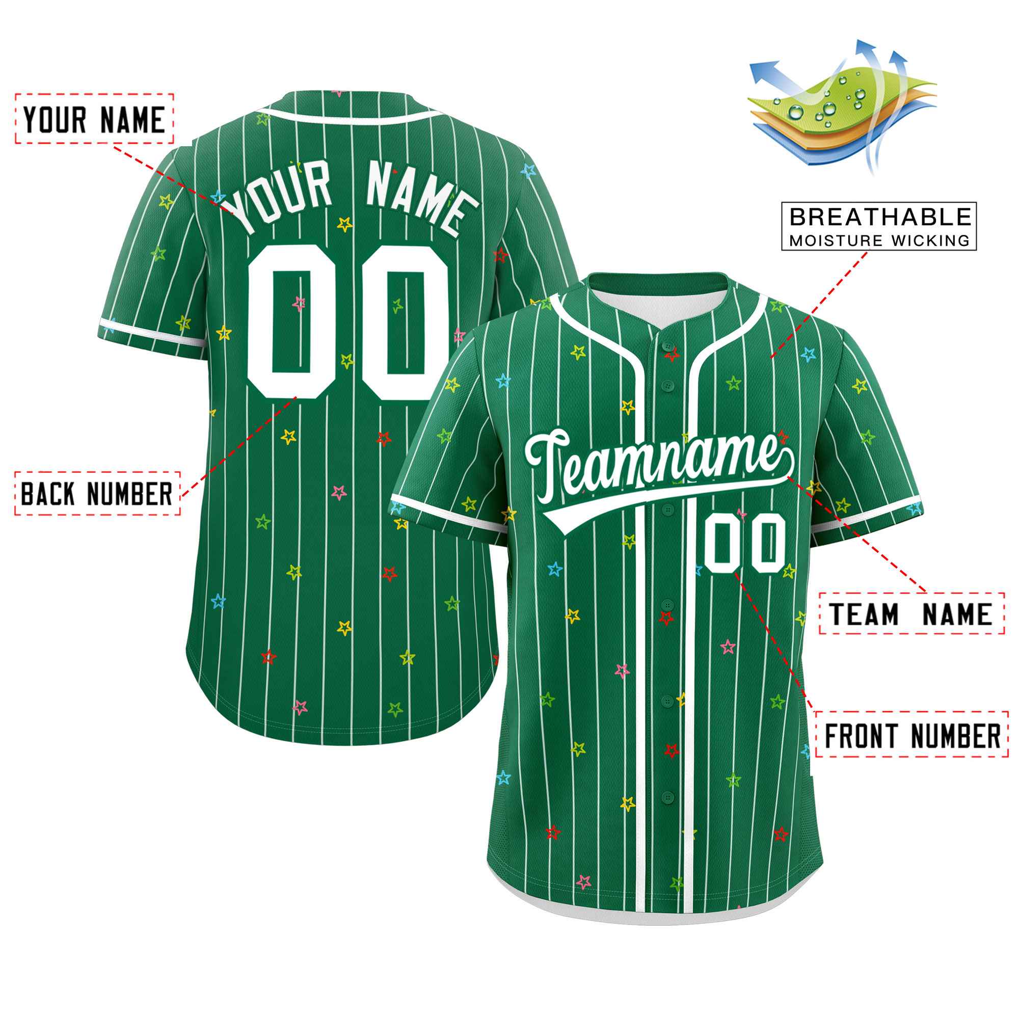 Custom Kelly Green White Stripe Fashion Personalized Star Pattern Authentic Baseball Jersey