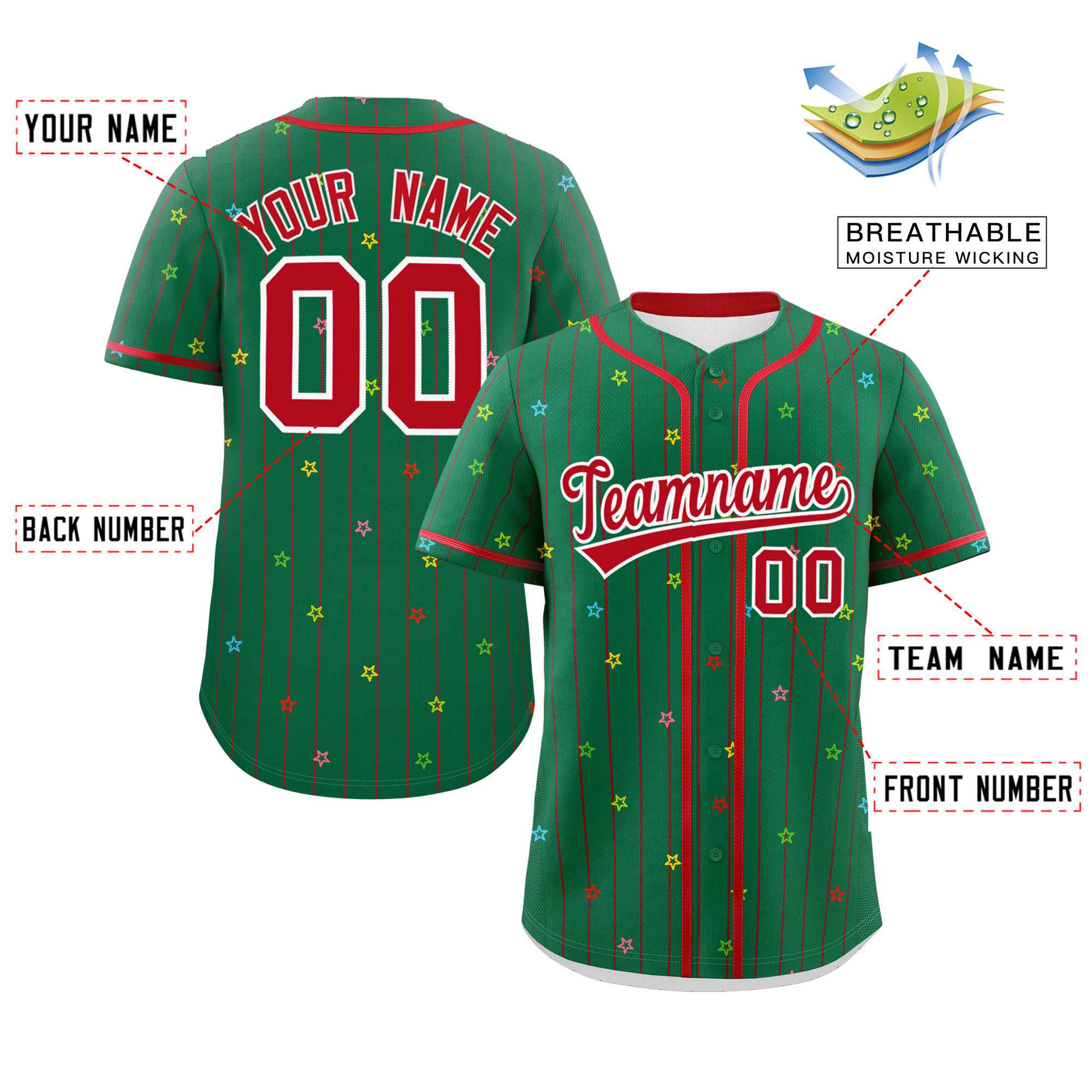 Custom Kelly Green Red Stripe Fashion Personalized Star Pattern Authentic Baseball Jersey