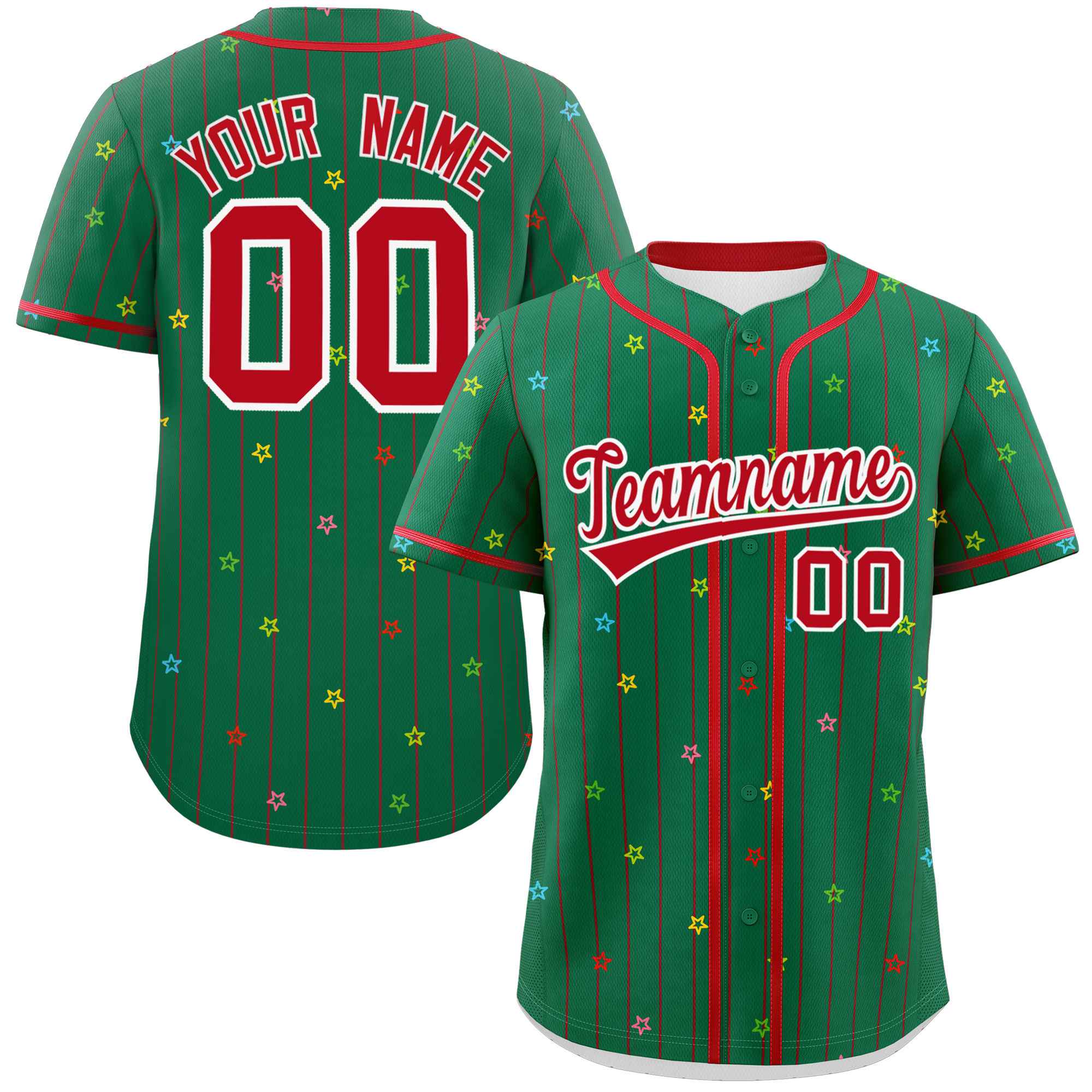 Custom Kelly Green Red Stripe Fashion Personalized Star Pattern Authentic Baseball Jersey