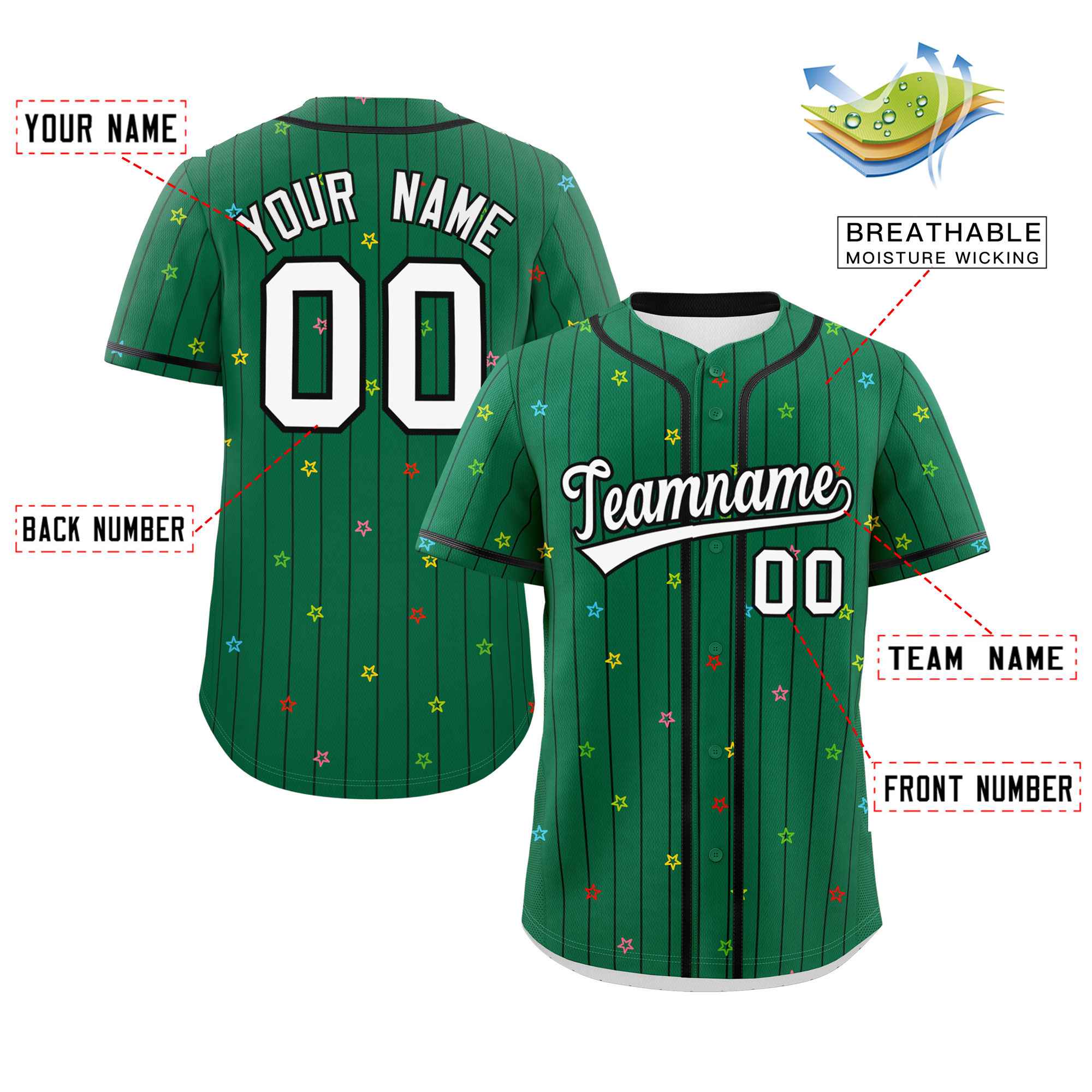 Custom Kelly Green Black Stripe Fashion Personalized Star Pattern Authentic Baseball Jersey