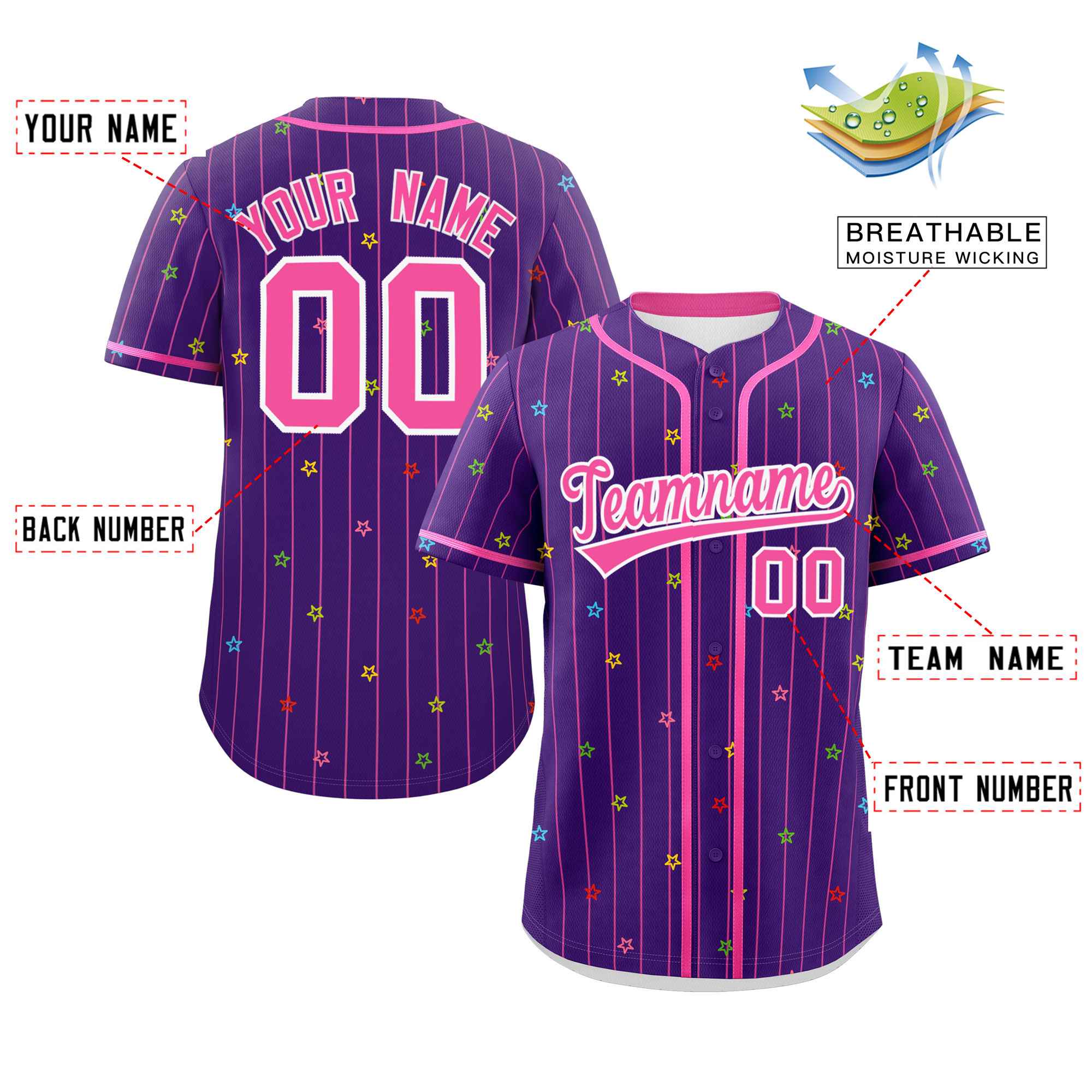 Custom Purple Pink Stripe Fashion Personalized Star Pattern Authentic Baseball Jersey