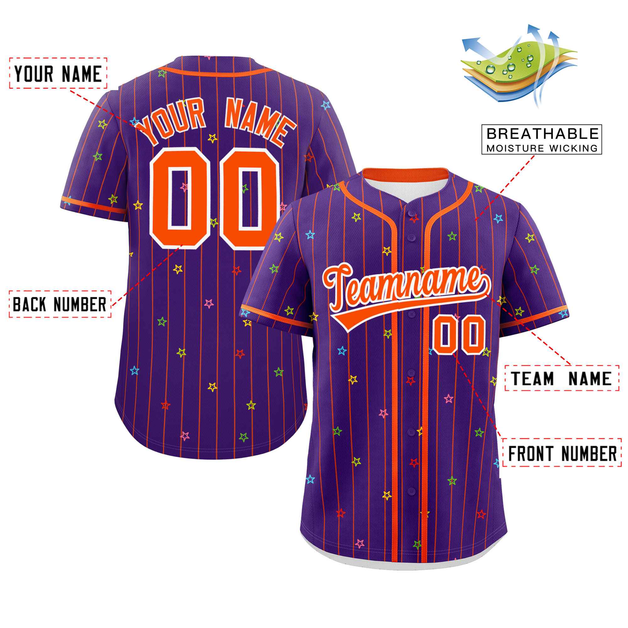 Custom Purple Orange Stripe Fashion Personalized Star Pattern Authentic Baseball Jersey