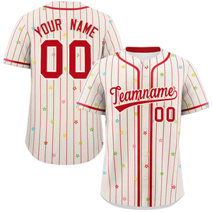 Custom Cream Red Stripe Fashion Personalized Star Pattern Authentic Baseball Jersey