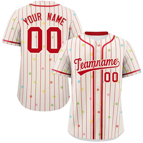 Custom Cream Red Stripe Fashion Personalized Star Pattern Authentic Baseball Jersey