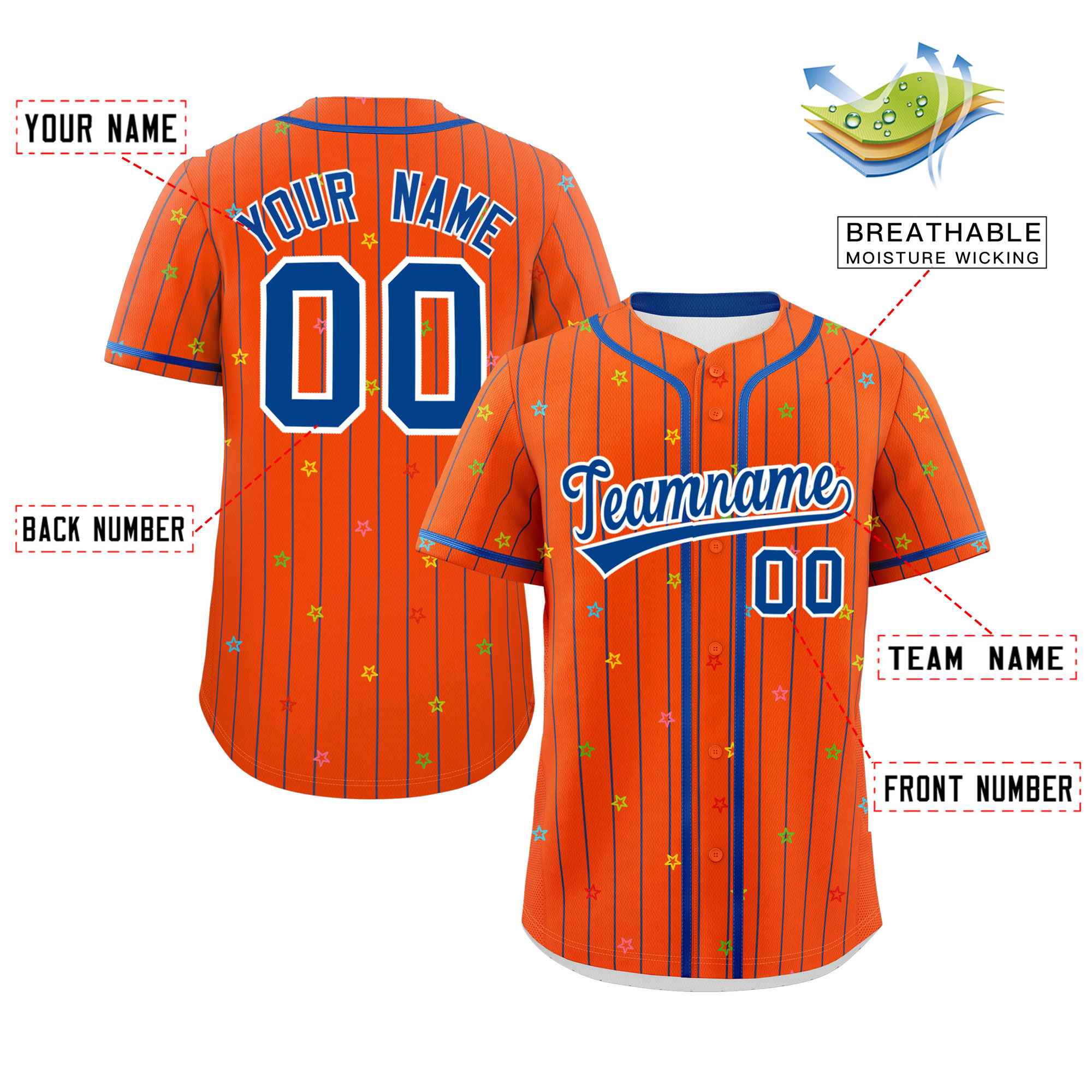 Custom Orange Royal Stripe Fashion Personalized Star Pattern Authentic Baseball Jersey