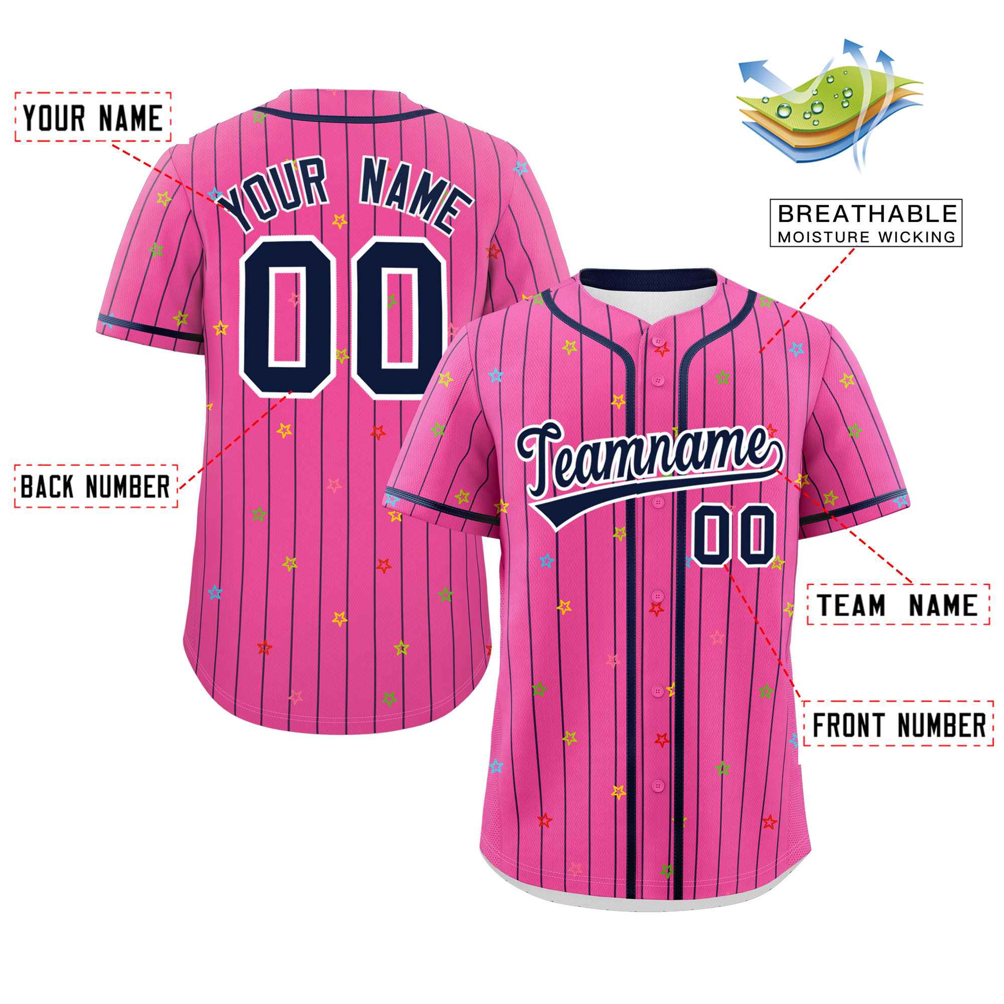 Custom Pink Navy Stripe Fashion Personalized Star Pattern Authentic Baseball Jersey