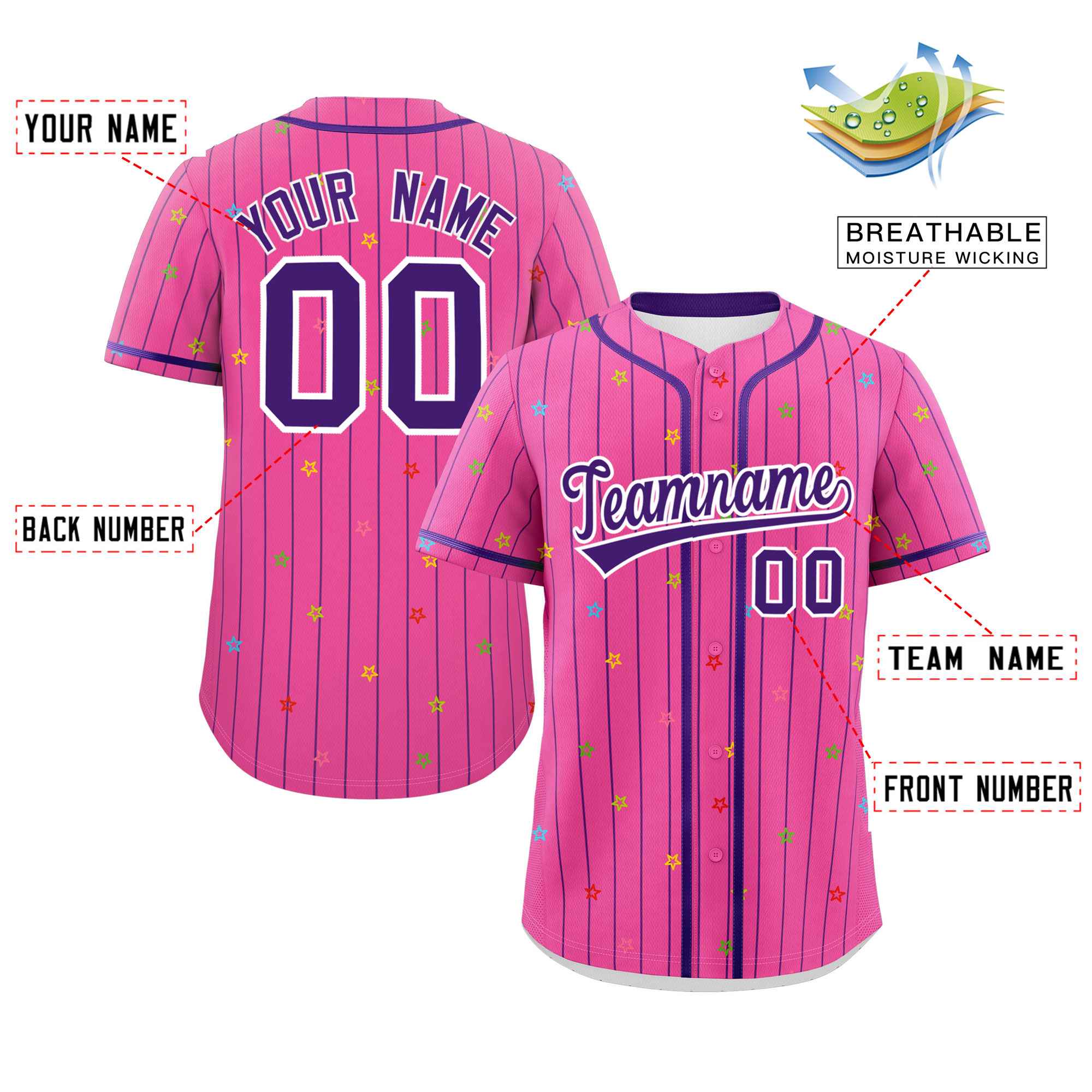 Custom Pink Purple Stripe Fashion Personalized Star Pattern Authentic Baseball Jersey