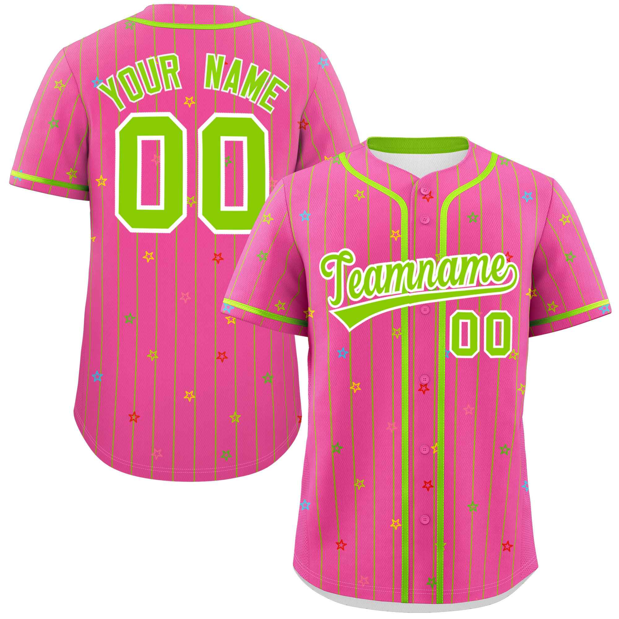 Custom Pink Neon Green Stripe Fashion Personalized Star Pattern Authentic Baseball Jersey