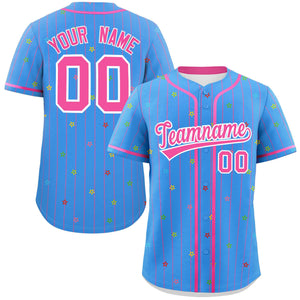 Custom Powder Blue Pink Stripe Fashion Personalized Star Pattern Authentic Baseball Jersey