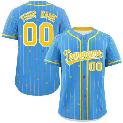 Custom Powder Blue Gold Stripe Fashion Personalized Star Pattern Authentic Baseball Jersey