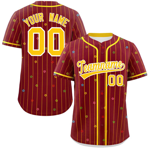 Custom Crimson Gold Stripe Fashion Personalized Star Pattern Authentic Baseball Jersey